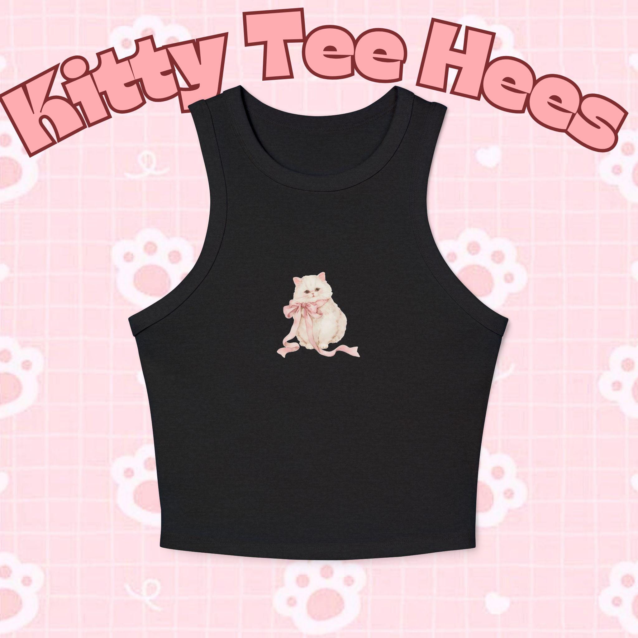 Pink Kitty Bow Racerback Tank Top, Cat Lover Summer Fashion - Kitty TeeHees