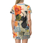 Floral Cat Print T-Shirt Dress, Comfy Casual Polyester - Kitty TeeHees