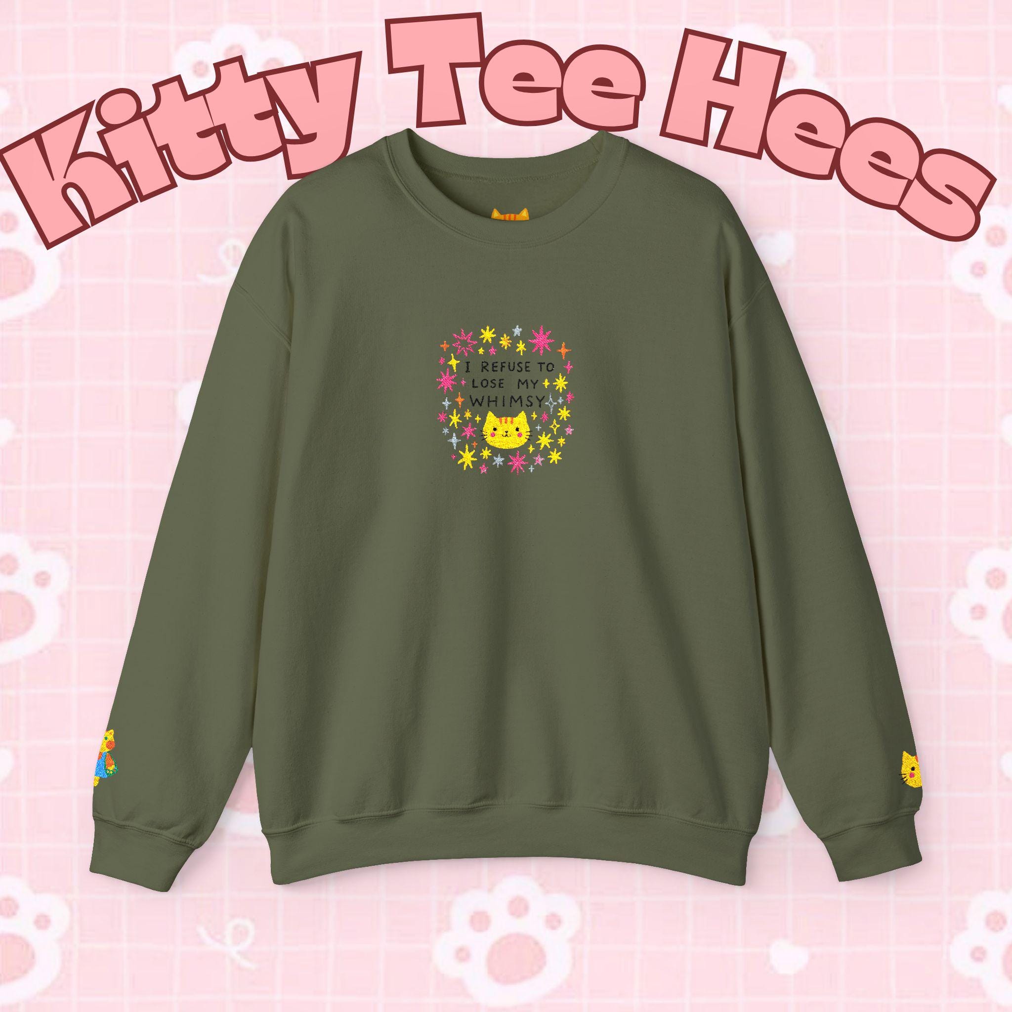 Kitty Tee Hees sweatshirt | Cute kitty illustration, pastel stars and flowers - Kitty TeeHees