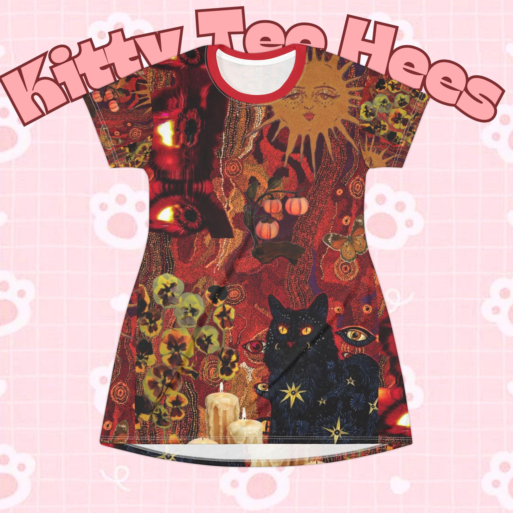 Mystical hippie Cat T-Shirt Dress. Asthetic casual dress, Unique Print, Casual dress - Kitty TeeHees