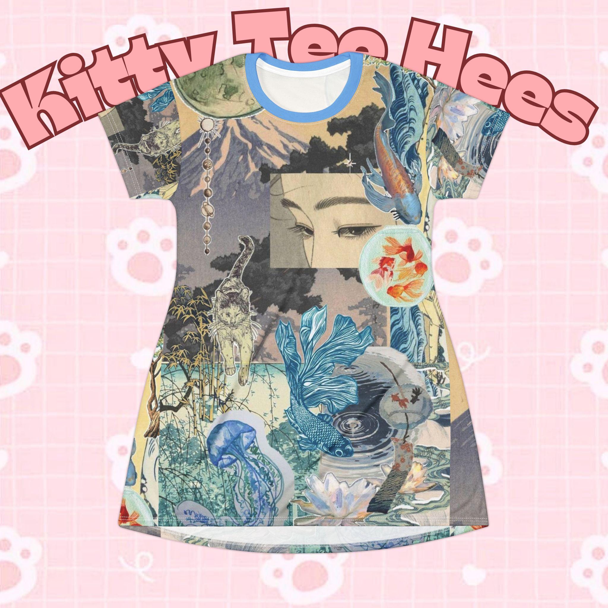 Blue Koi T-Shirt Dress, Maximalist Fashion - Kitty TeeHees