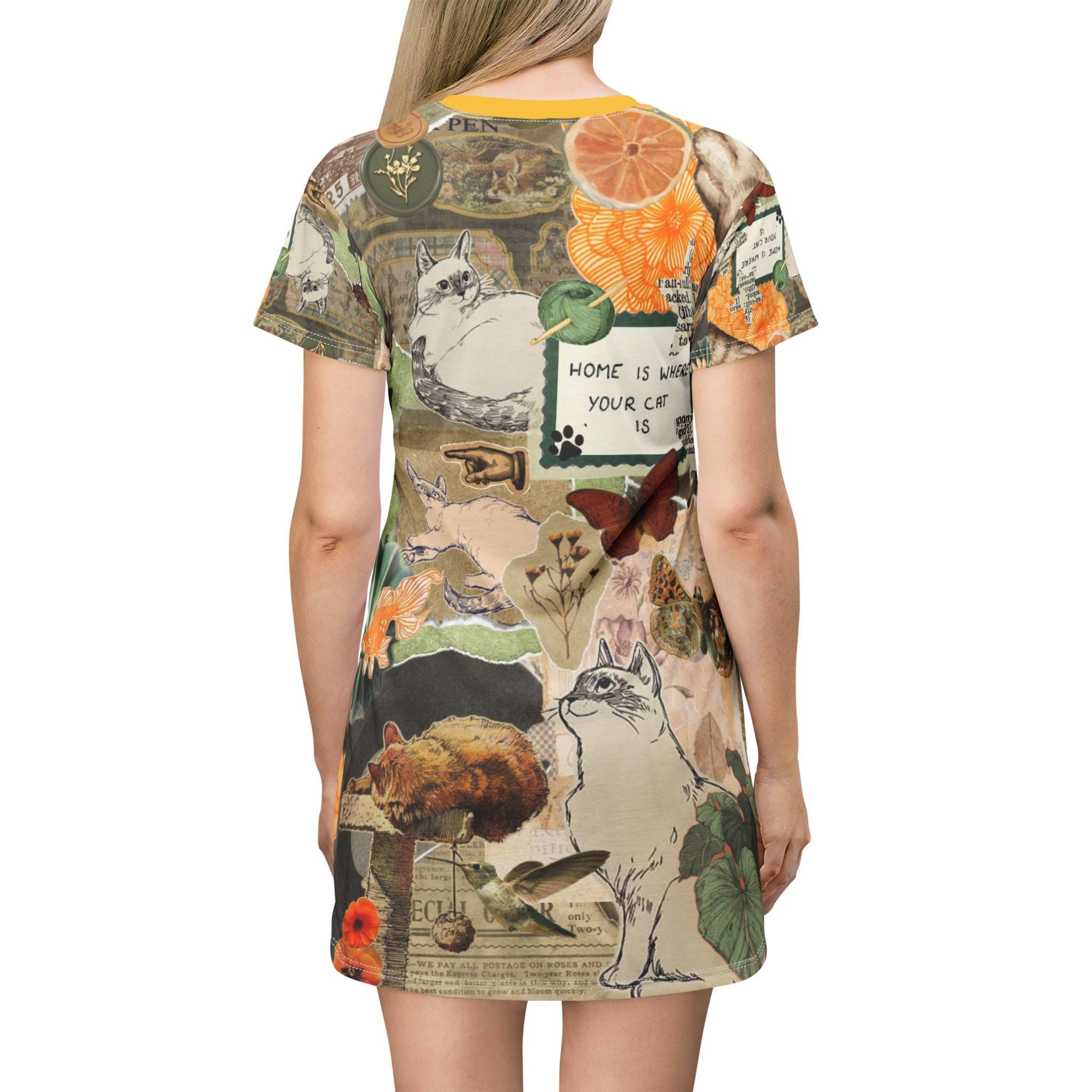 Newspaper Cat Print T-Shirt Dress: Cottagecore Summer Fashion - Kitty TeeHees