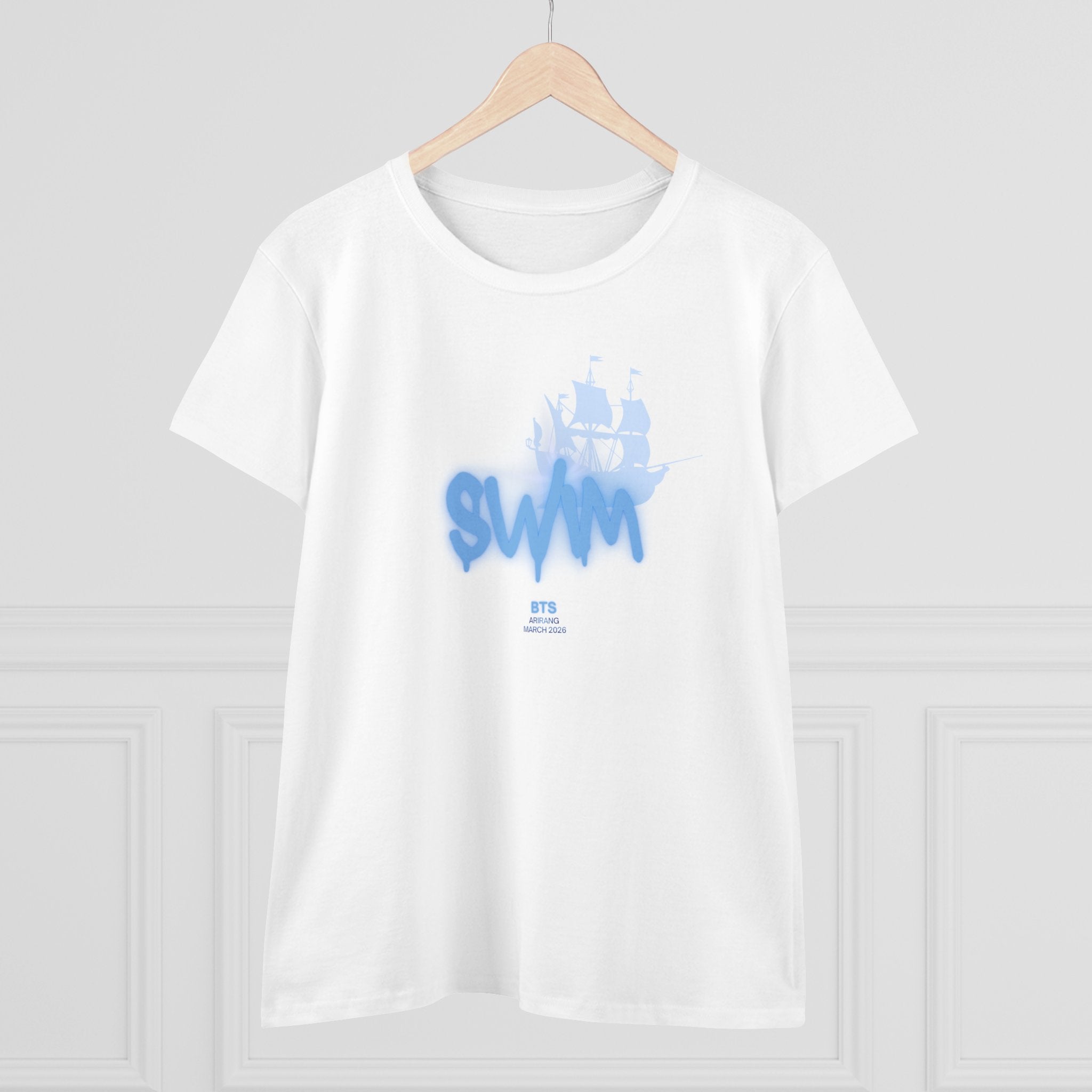 Women’s BTS Swim T-shirt featuring Sailboat Script Logo, cotton fabric, new concert tour design, perfect for Bangtan World Tour fans.