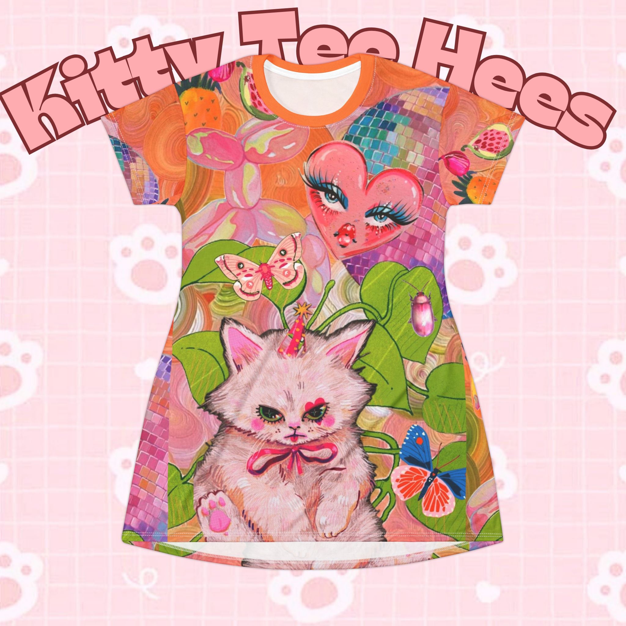 All-over print cute clown cat T-shirt dress with whimsical design, perfect for summer and cat lovers, by Printify.