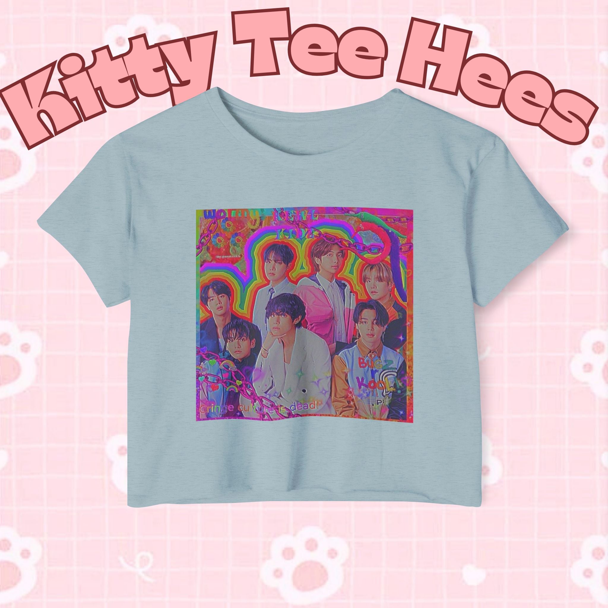 Colorful BTS kidcore T-shirt featuring Bangtan Boys group photo, women's festival crop top by Printify, vibrant K-Pop group design