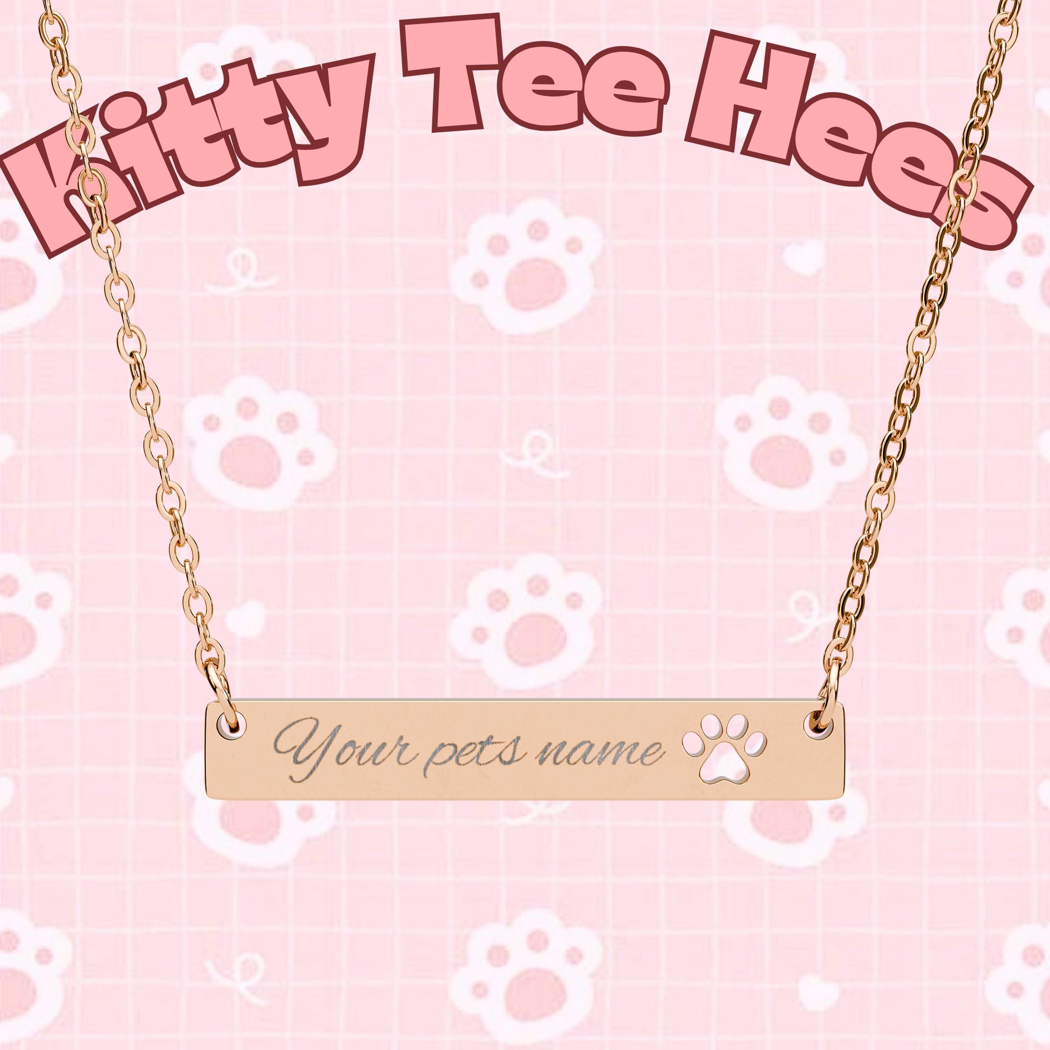 Cutout paw print bar necklace with engraved name pendant, paw print jewelry accessory in a close-up shot.