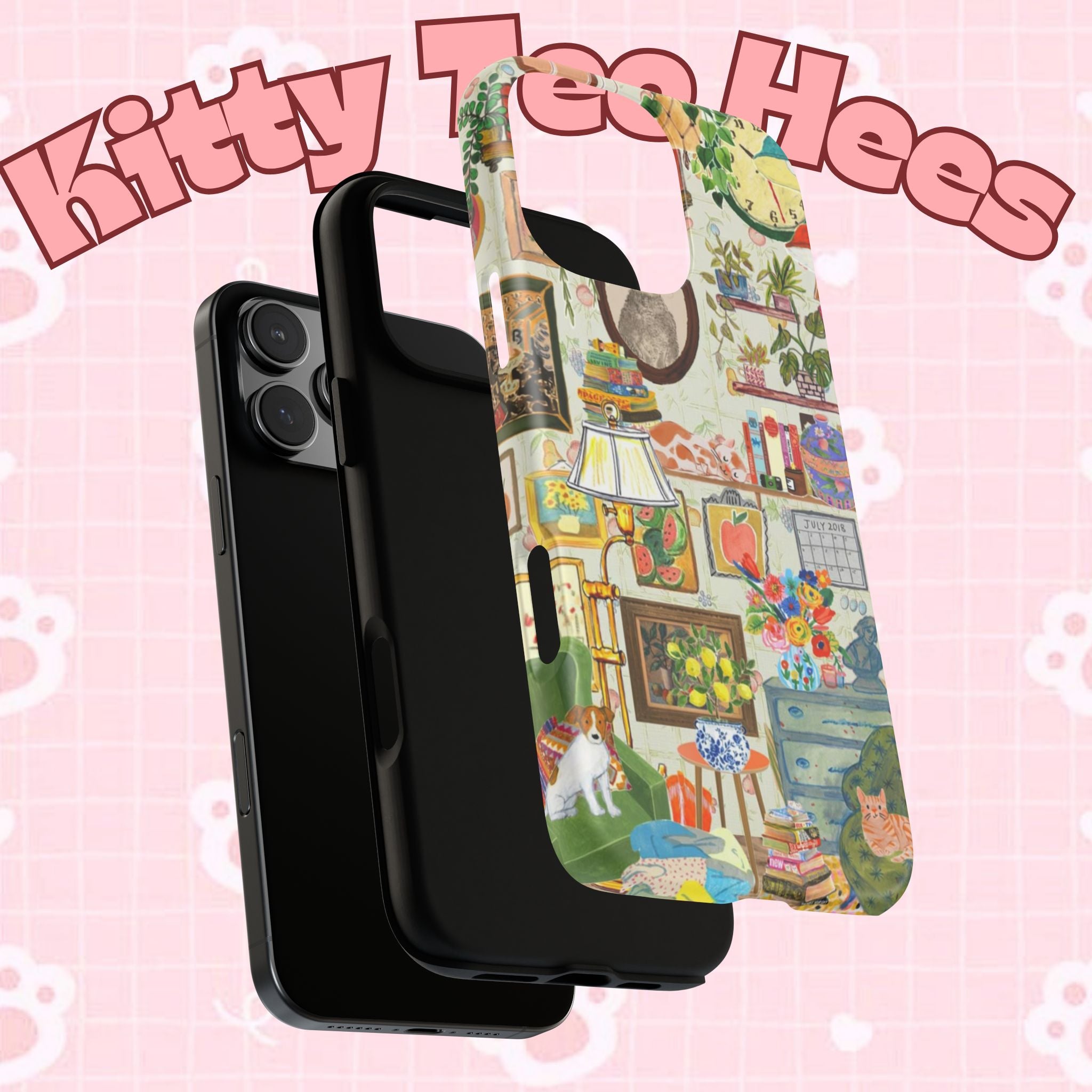 Cute cat portrait on Printify iPhone 17 case featuring a cozy living room scene with stylish, colorful design.
