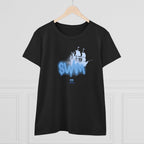 Women's BTS Sailboat Script Logo T-shirt featuring Bangtan World Tour design, made of cotton with a casual fit.