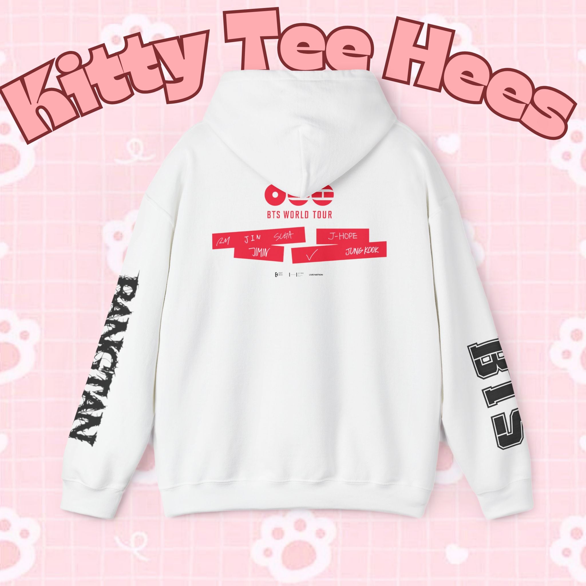 ARIRANG BTS World Tour hoodie with Bangtan sleeve design, printed sweatshirt featuring graphic BTS tour-inspired artwork.