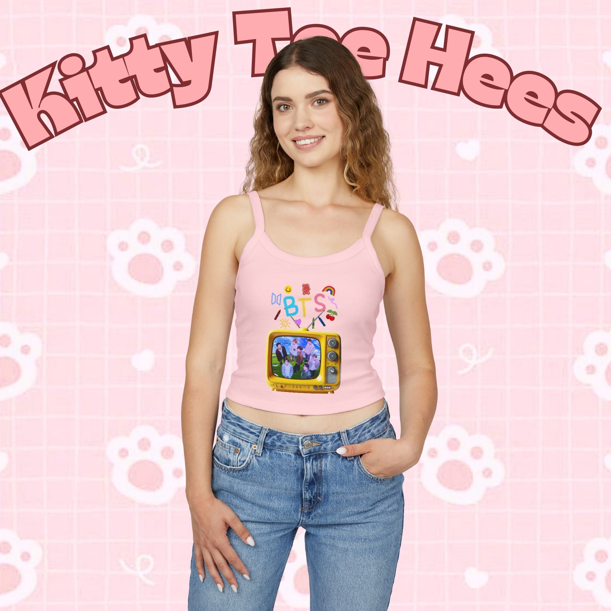 Kids' BTS tank top featuring a retro television design, cute graphic print, and K-pop style from Printify.