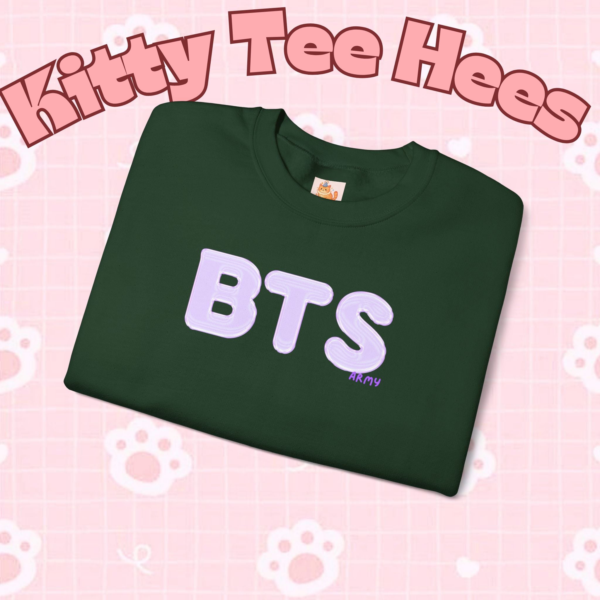 Lavender BTS Logo arirang crewneck sweatshirt featuring K-pop band print and concert-inspired design on soft cotton fabric.