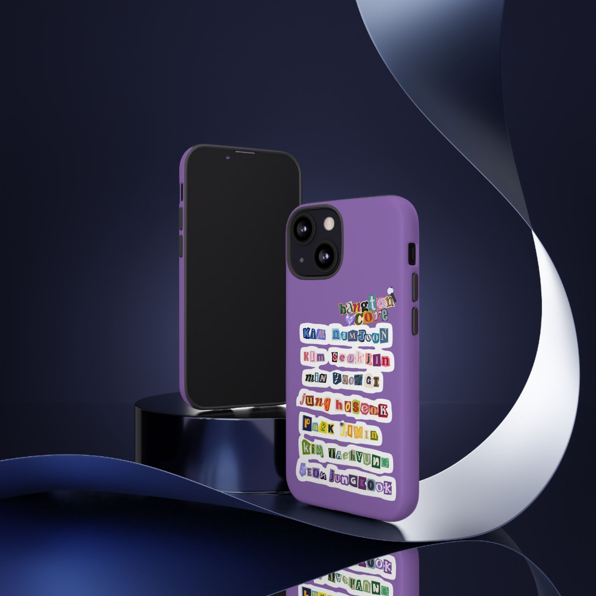 BTS member names phone case featuring Jungkook, Jimin, and RM for iPhone 17, with a tough protective design by Printify