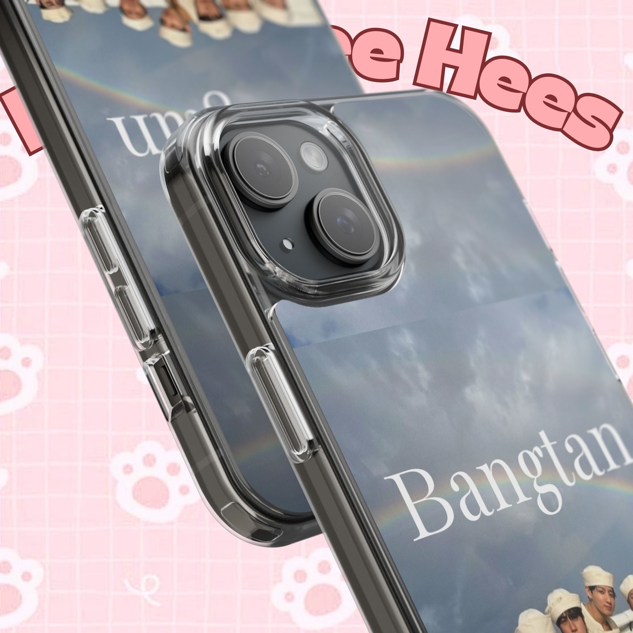 Clear impact-resistant phone case featuring Bangtan Boys K-pop design, suitable for smartphones, from Printify.