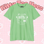 Custom BTS T-shirt featuring Jungkook, Jimin, V, J-Hope, RM, Suga, Jin, and Bangtan members, perfect for K-pop concerts.