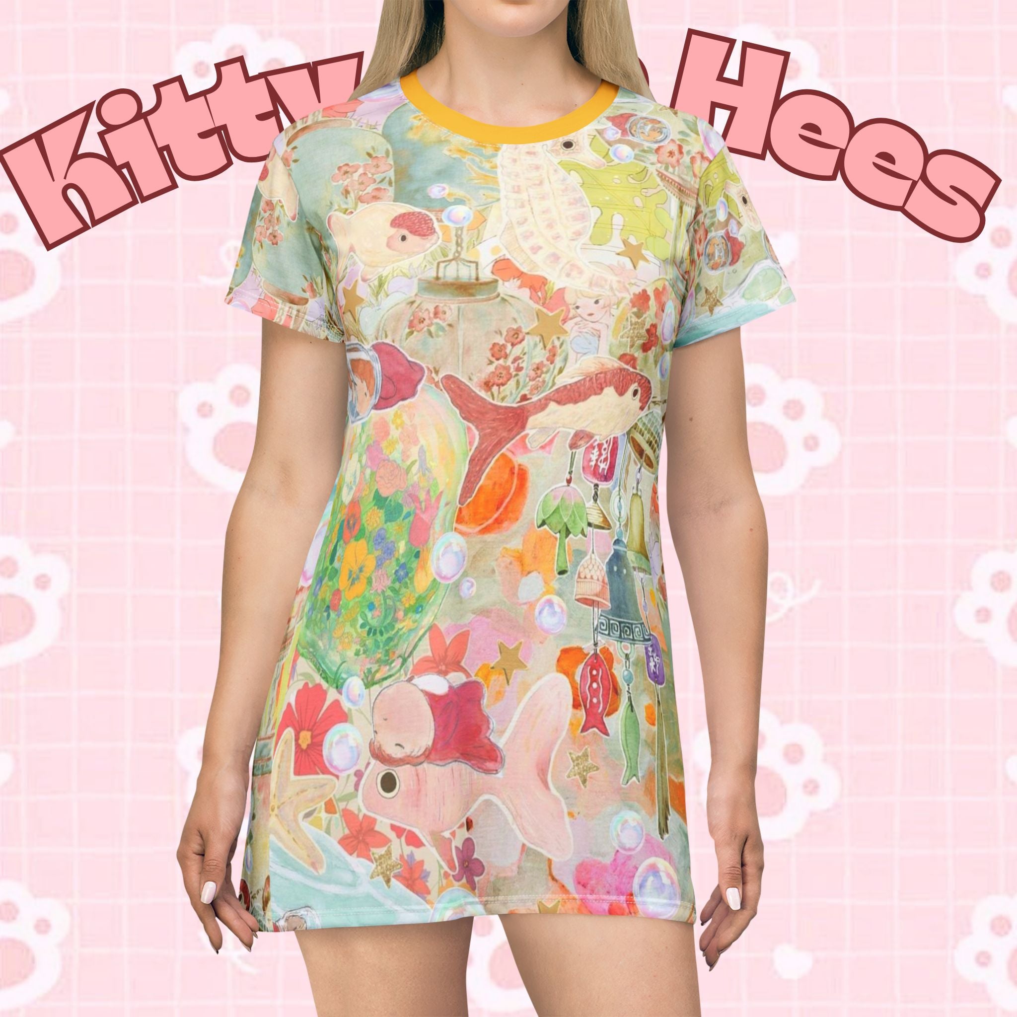 All-over print Koi Ponyo T-shirt dress for cat lovers featuring Ghibli style artwork, perfect for casual wear and birthdays.