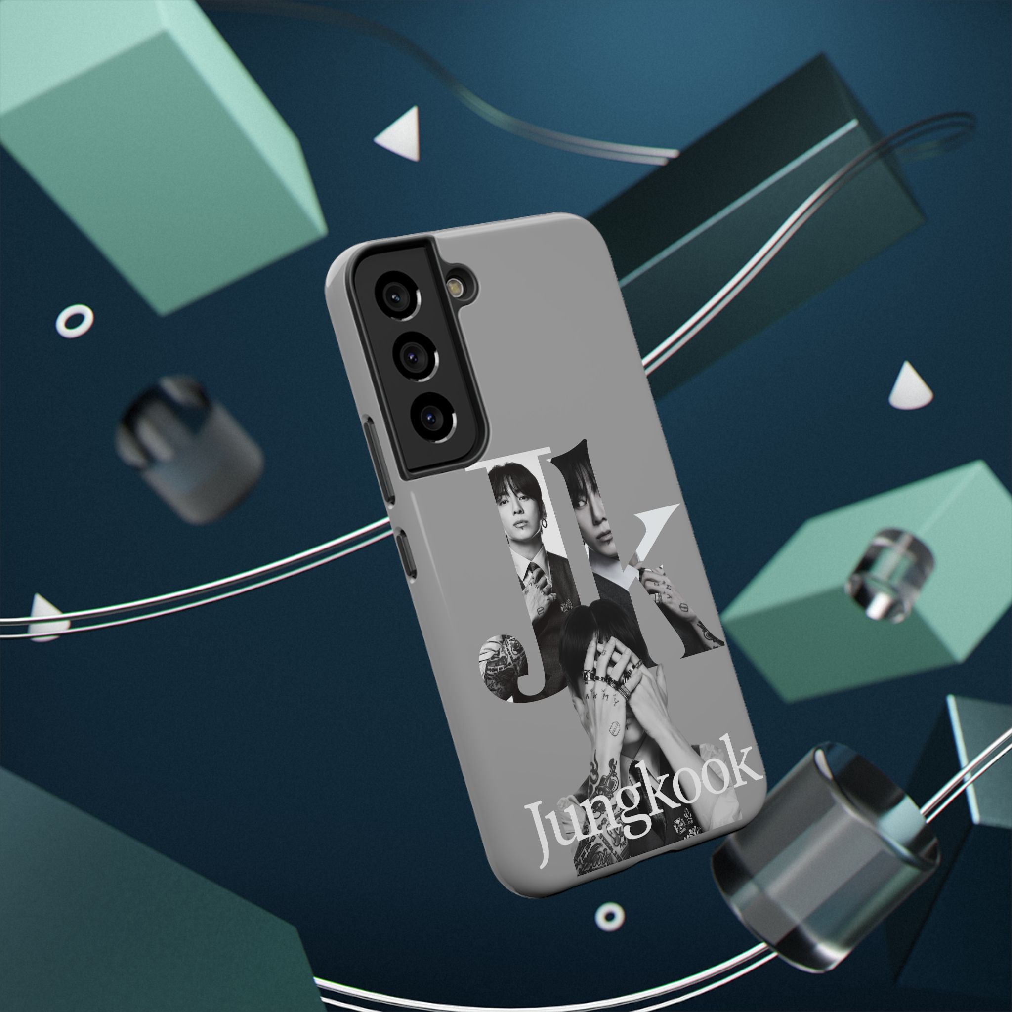 Monochrome BTS Jungkook phone case with impact-resistant design by Printify, featuring bold letter and Jungkook's image.
