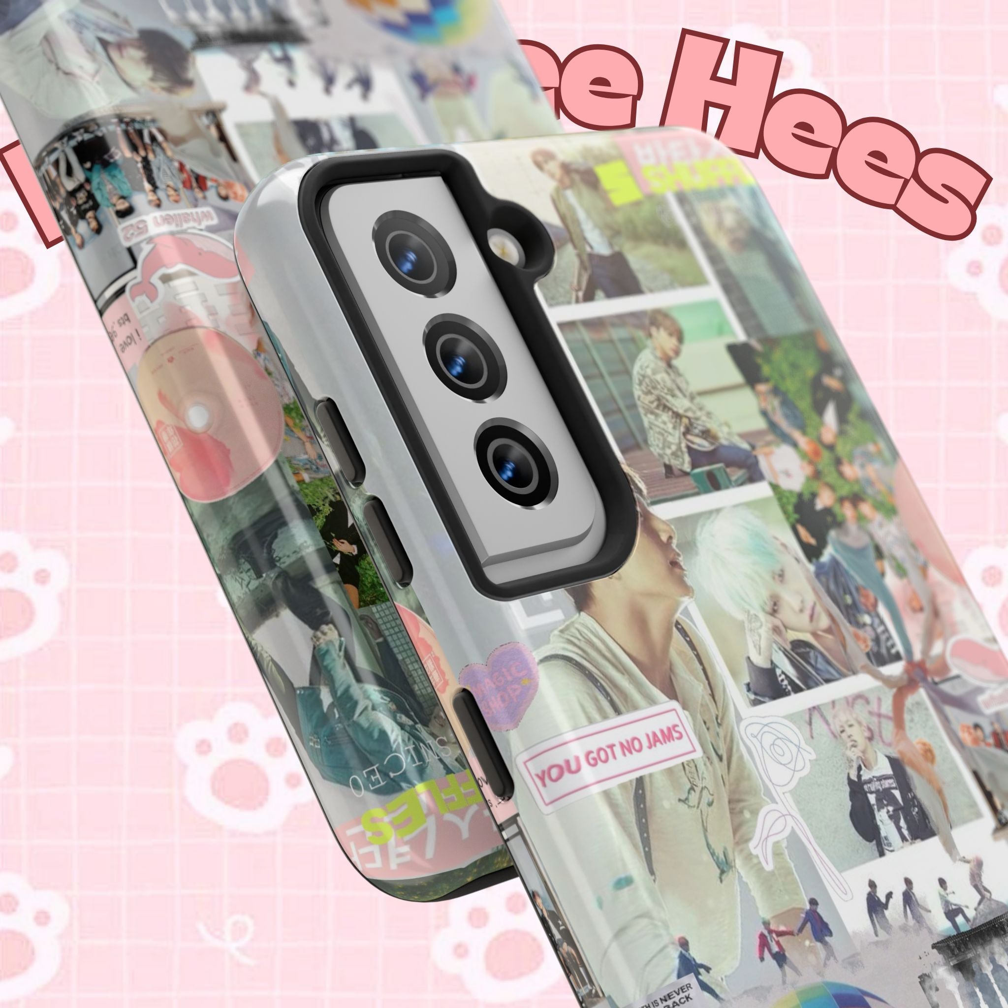 K-Pop BTS collage phone case for iPhone and Samsung with pastel hot air balloon design, durable tough protective cover.