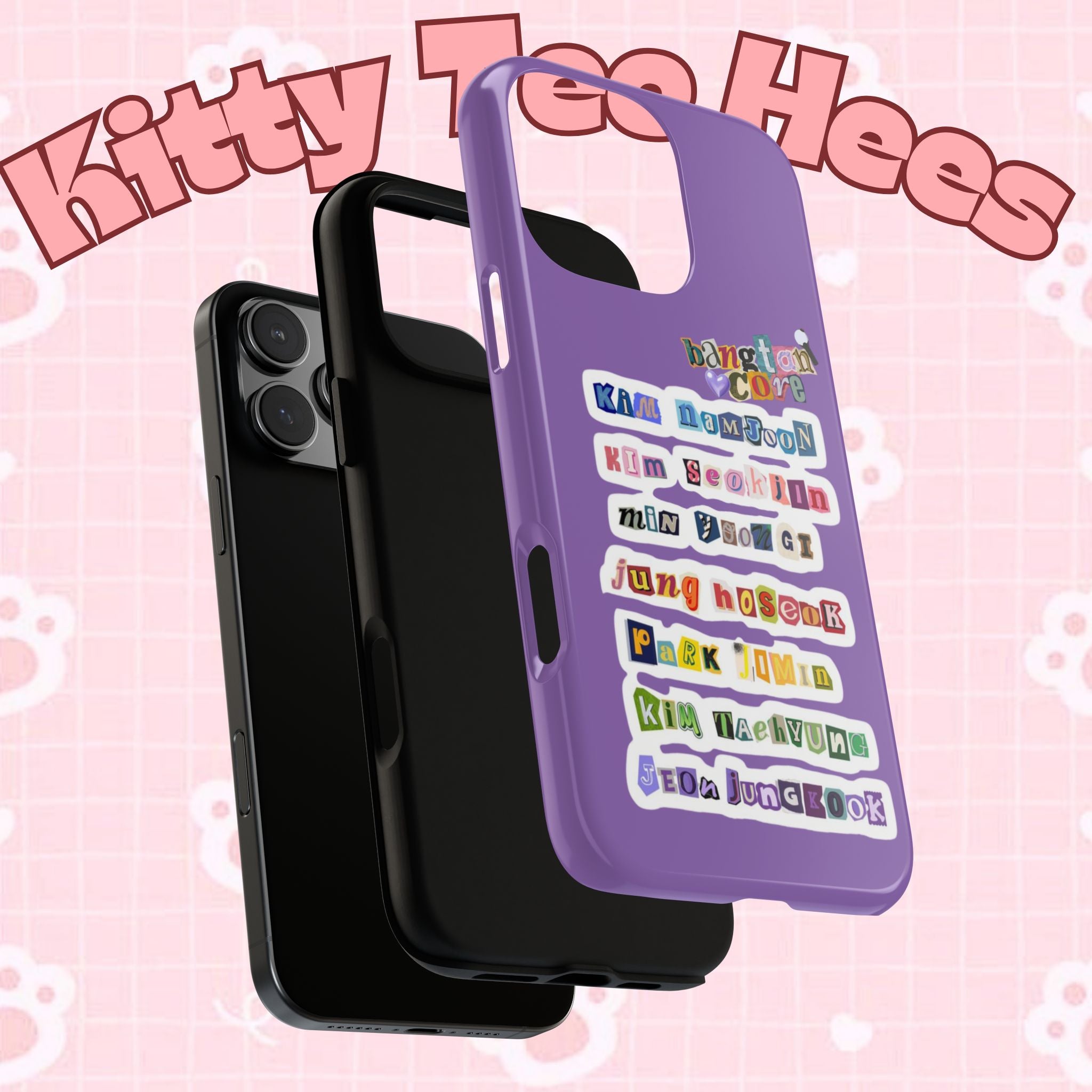 Printed BTS member names phone case featuring Jungkook, Jimin, and RM for iPhone 17, with durable tough case design.