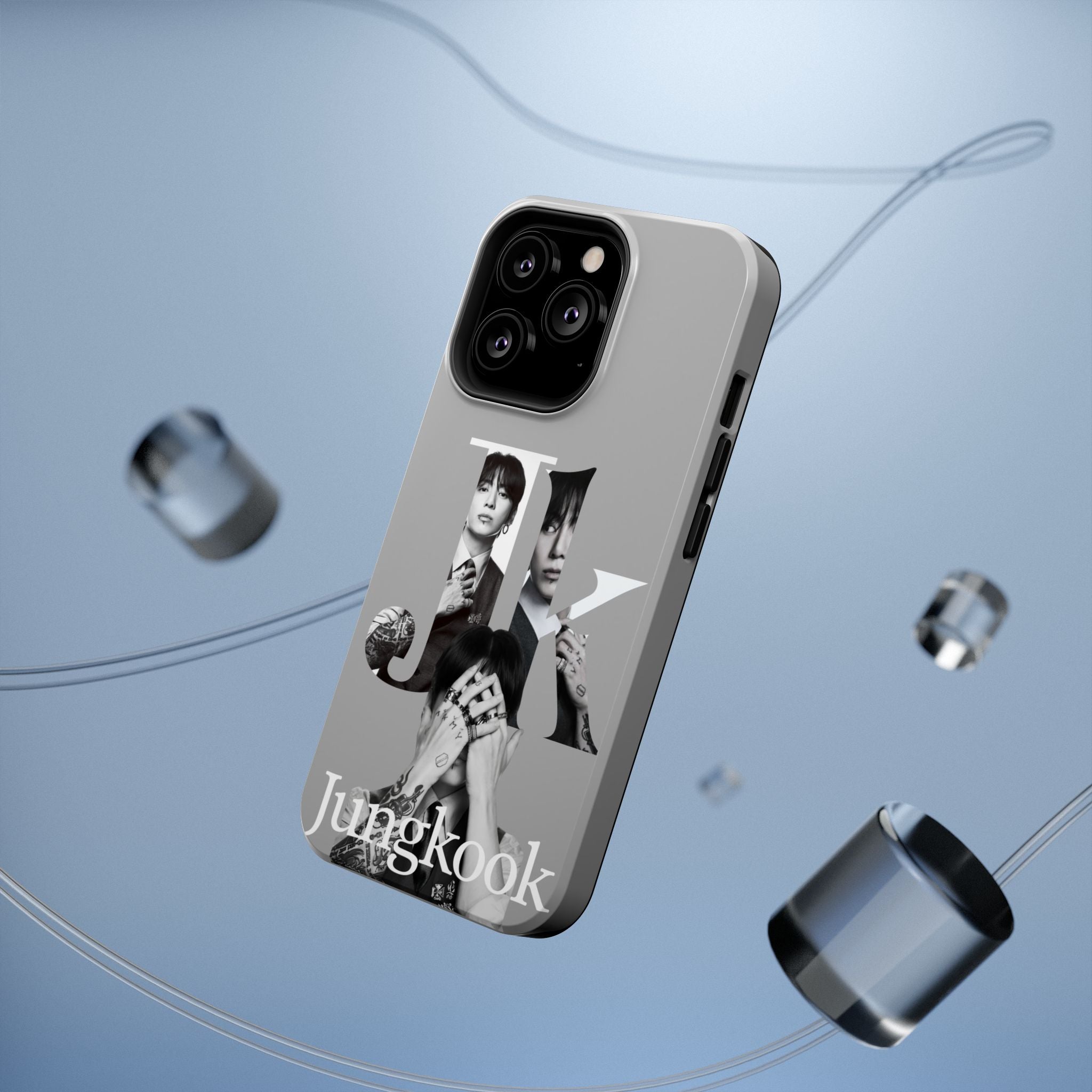 Monochrome BTS Jungkook phone case featuring bold letter design, impact-resistant material, for a stylish, protective mobile accessory.