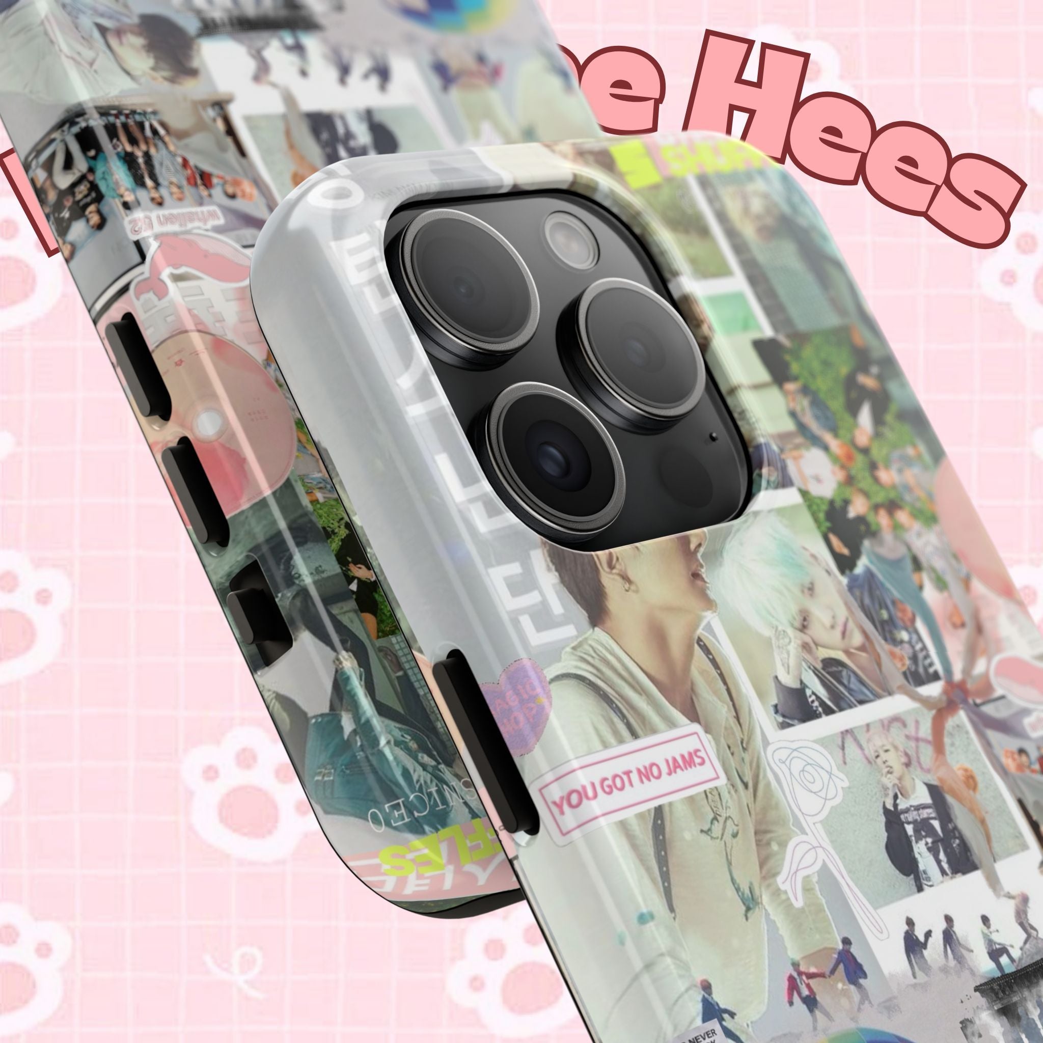 Printify BTS collage phone case for iPhone and Samsung with pastel hot air balloon and K-Pop photo collage design.
