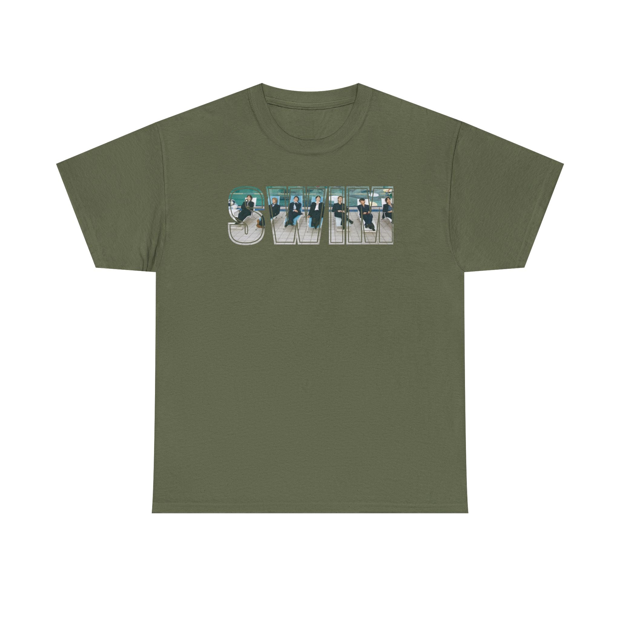 Printify BTS swim graphic T-shirt featuring a pool scene and "I could spend a lifetime watching you swim" design, casual concert tee.