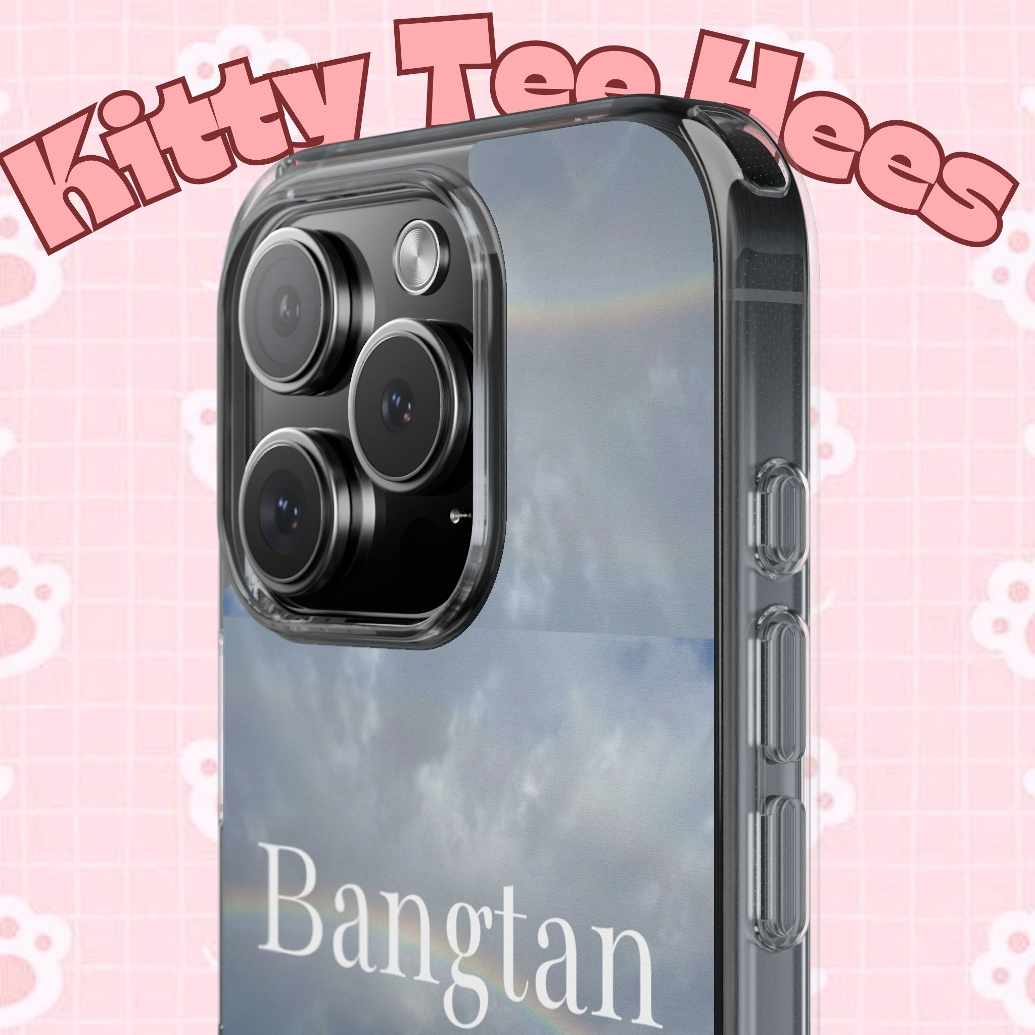 Clear impact-resistant phone case featuring cute Bangtan Boys K-pop design for smartphones by Printify.