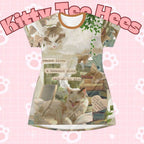 All-over print cat-themed bookish fashion shirt featuring cozy literary designs, perfect for cat lovers and summer wear.