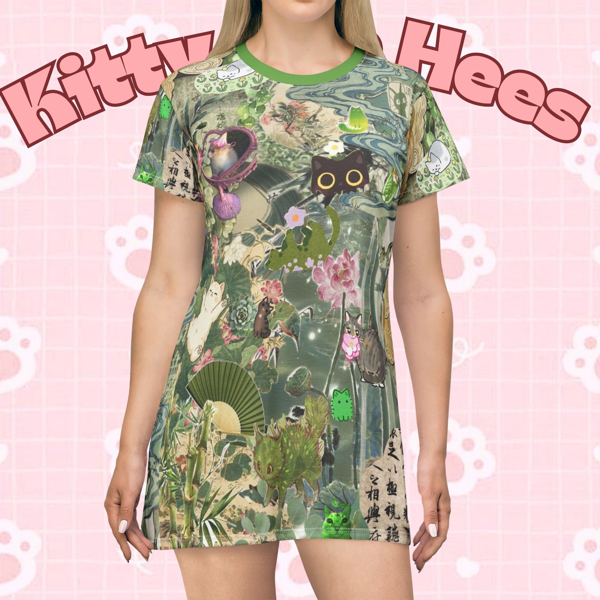 Green Kitty and Plant T-shirt dress featuring all-over print with cute cat and plant designs, by Printify.