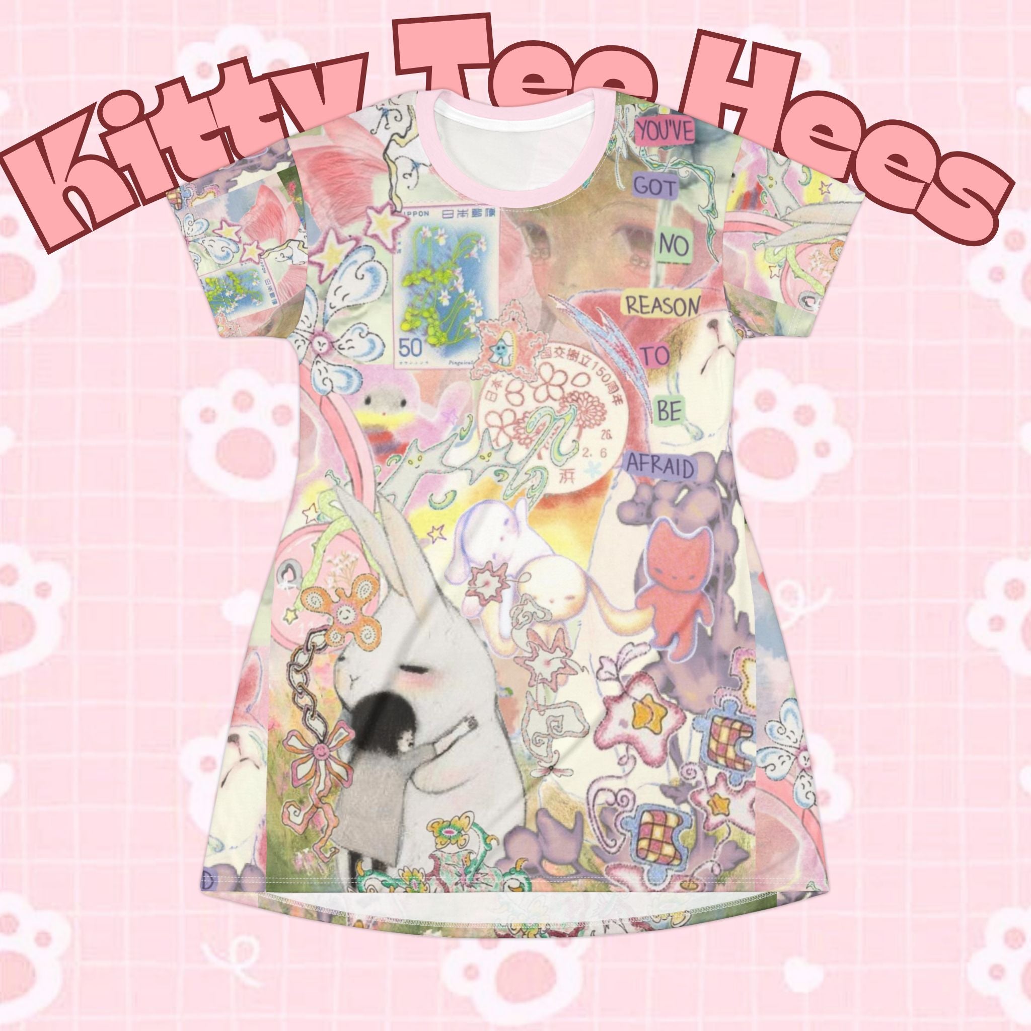 Pastel casual kitty print T-shirt dress by Printify featuring fun all-over cat design, perfect for summer casual outfits.