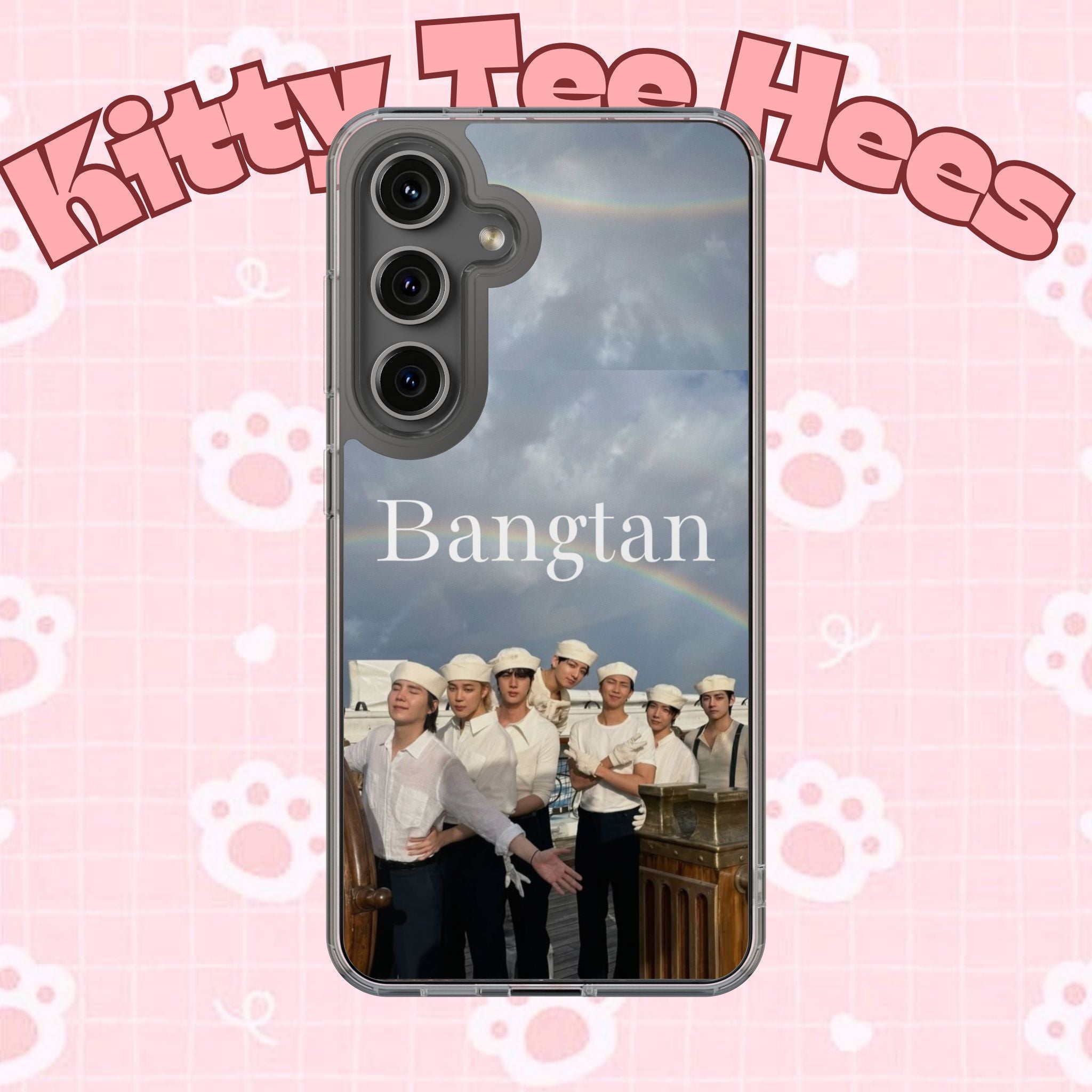 Clear impact-resistant phone case featuring Bangtan Boys K-pop design, ideal for Samsung and iPhone models.