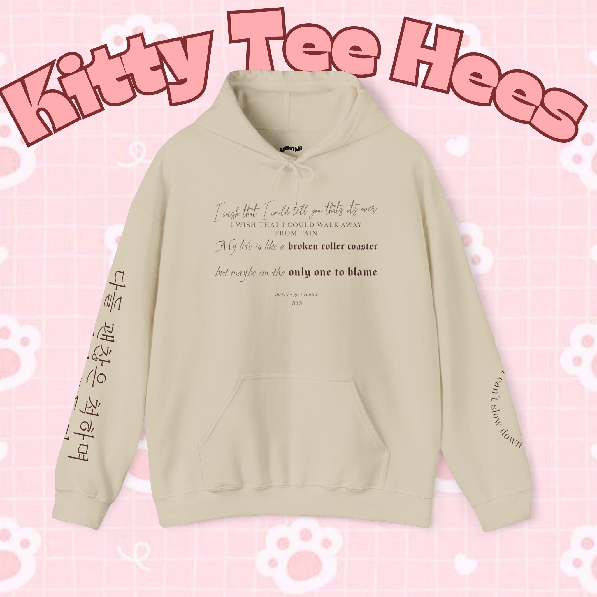 BTS Merry-go-round Arirang 2026 hoodie with carousel illustration and Korean script sleeve, featuring fun BTS lyric design.