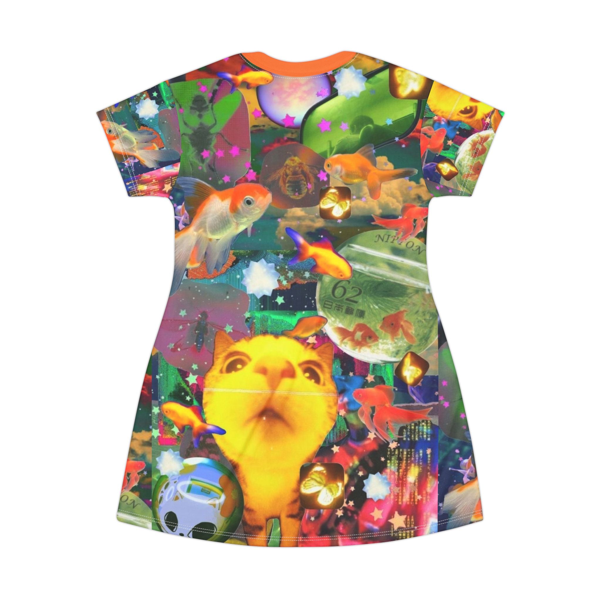 Colorful fish cat T-shirt dress with all-over fish print, perfect for pet lovers and cat moms, by Printify.