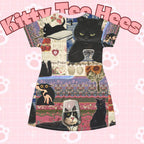 Black cat stripe t-shirt dress with all-over print design, featuring cute cat illustrations, perfect for cat lovers and casual wear.