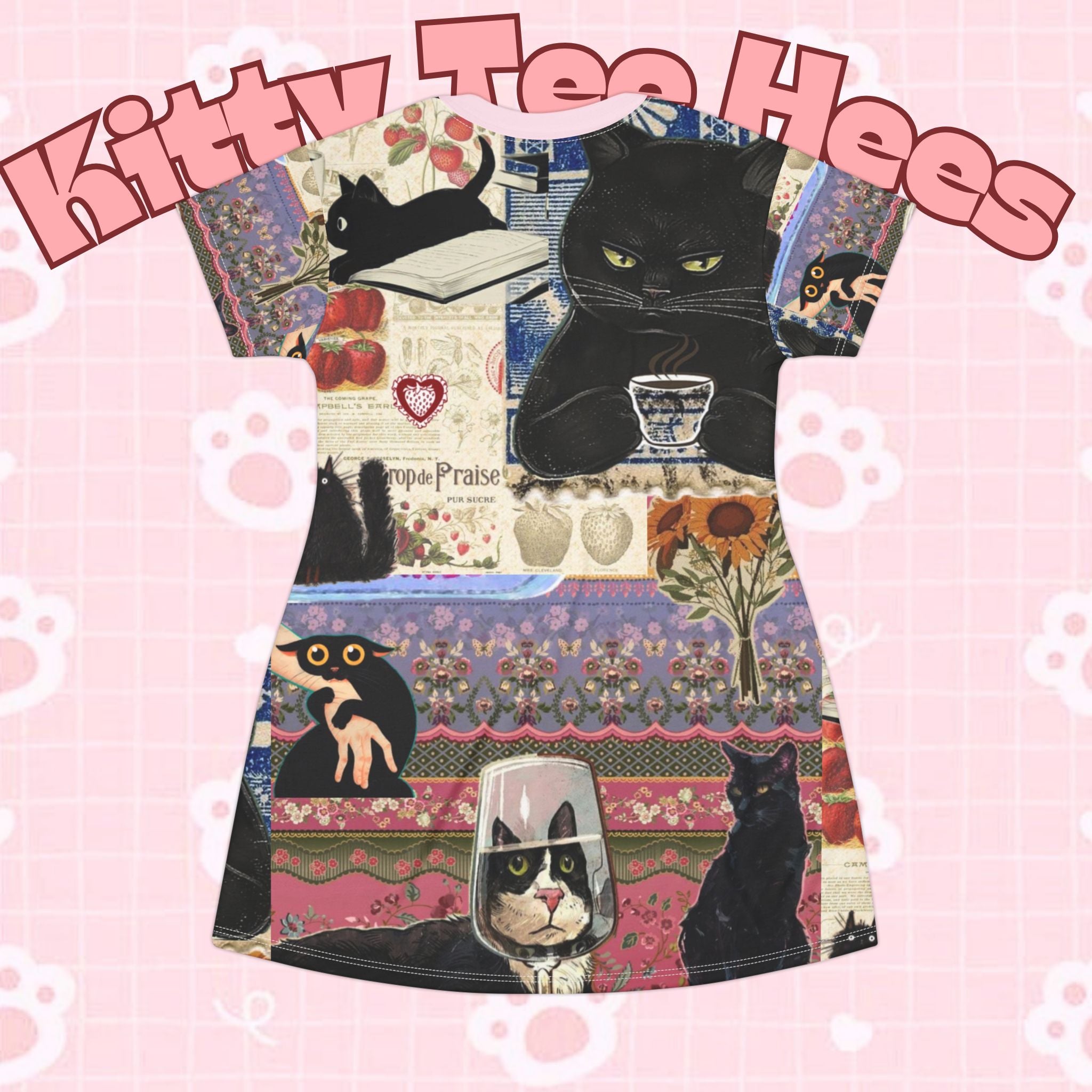 Black cat stripe t-shirt dress with all-over print design, featuring cute cat illustrations, perfect for cat lovers and casual wear.