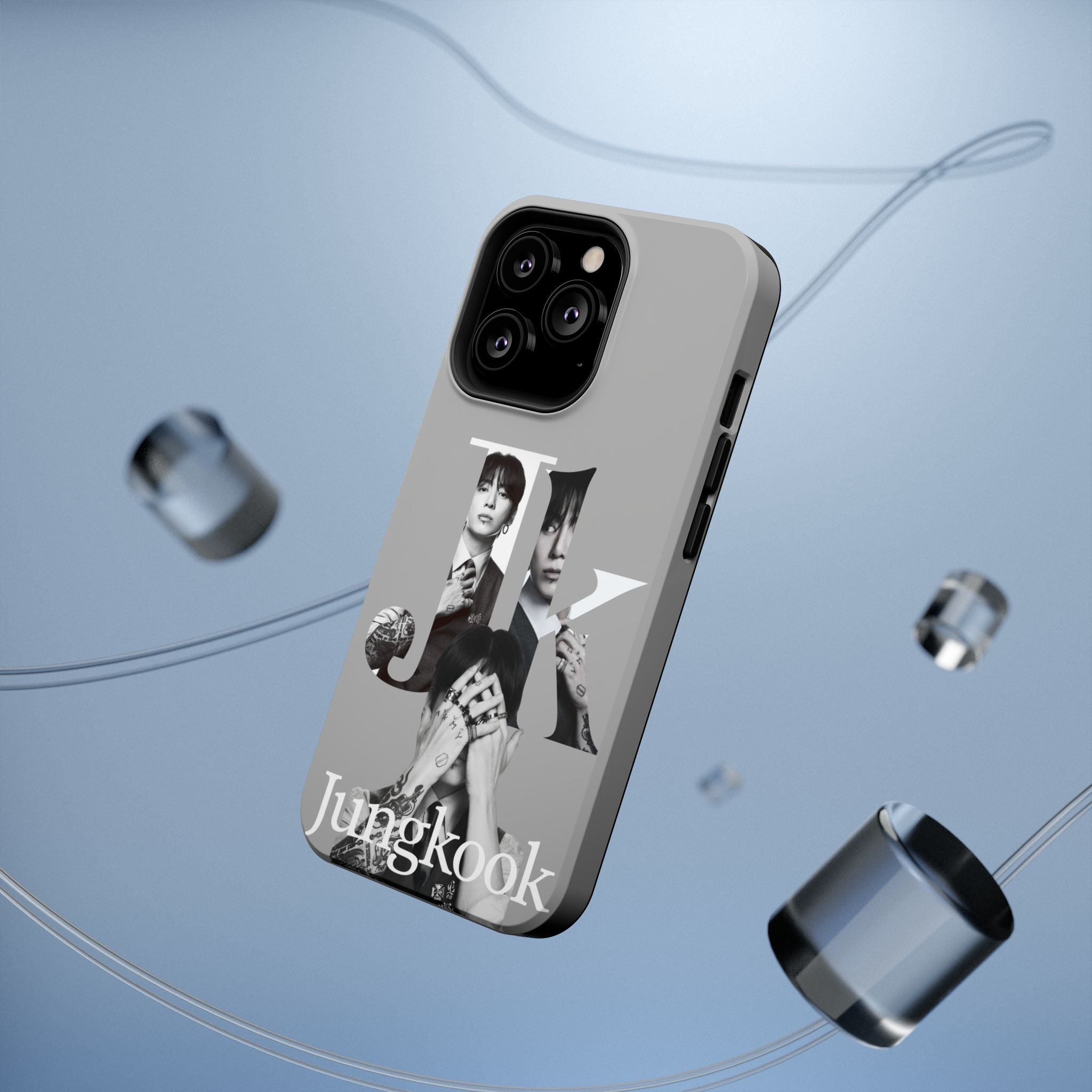 Monochrome letter BTS Jungkook phone case by Printify, impact-resistant design featuring Jungkook's image and signature style.