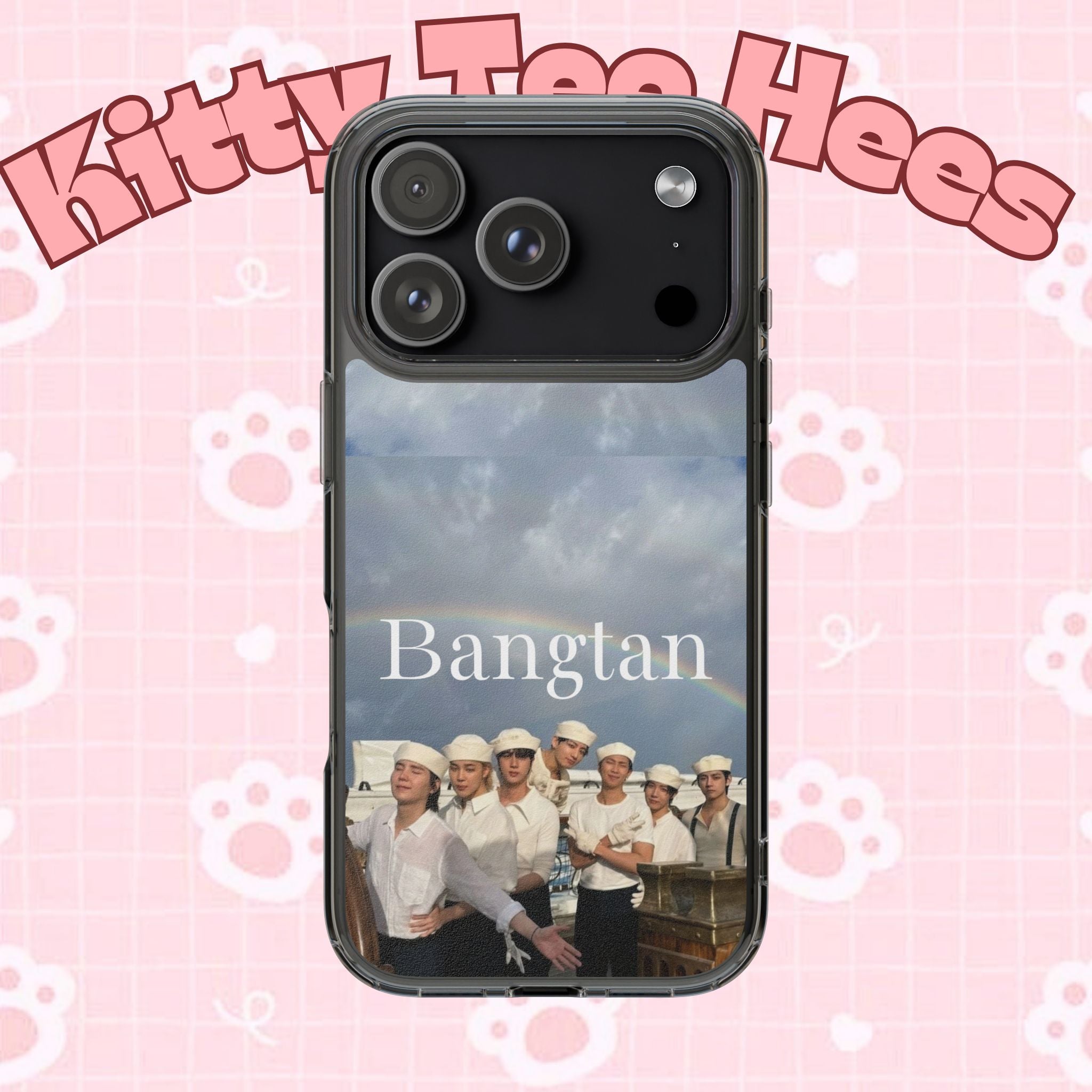 Clear impact-resistant phone case with cute Bangtan Boys K-pop design, compatible with smartphones, from Printify.
