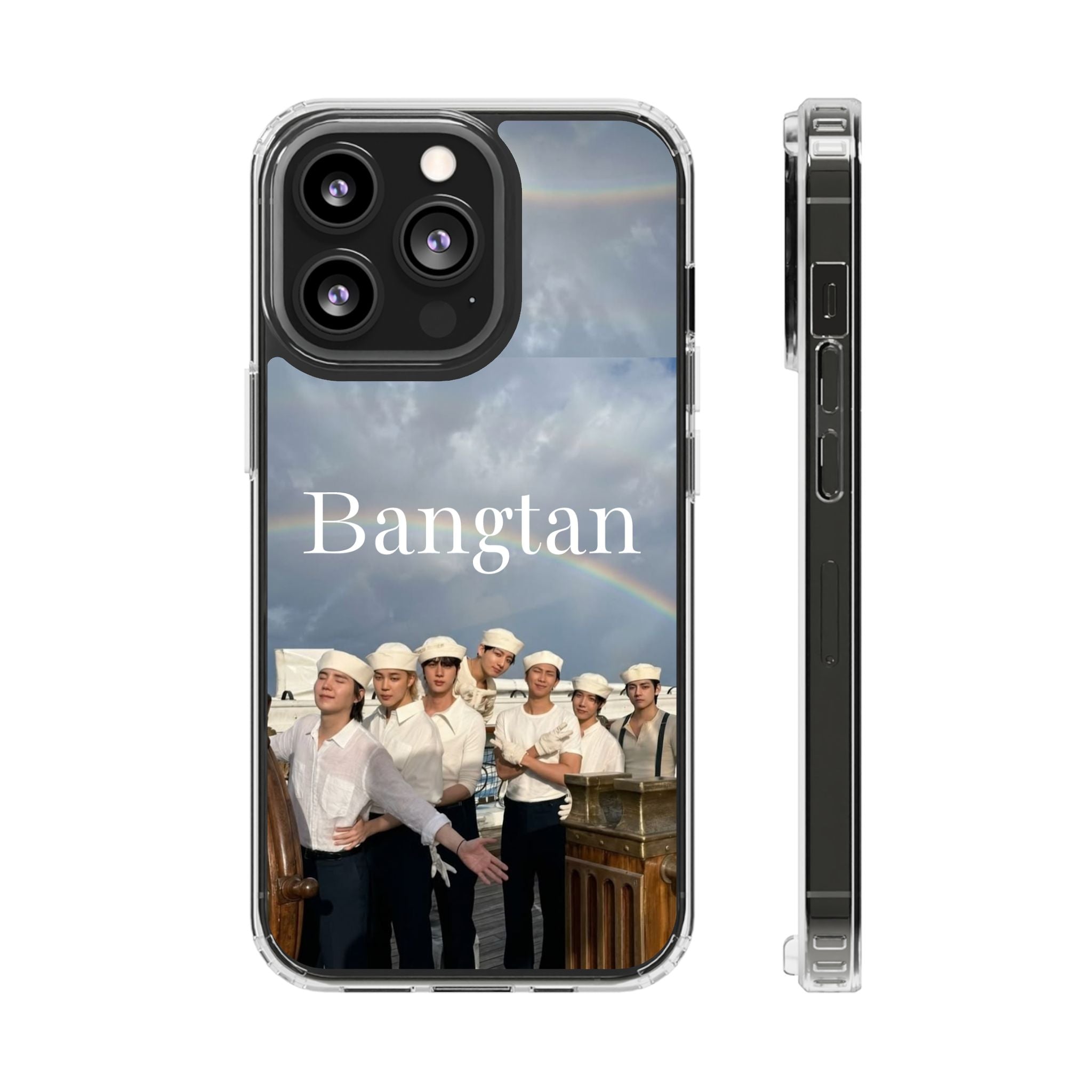 Clear impact-resistant phone case featuring cute Bangtan BTS K-pop design for durable protection.