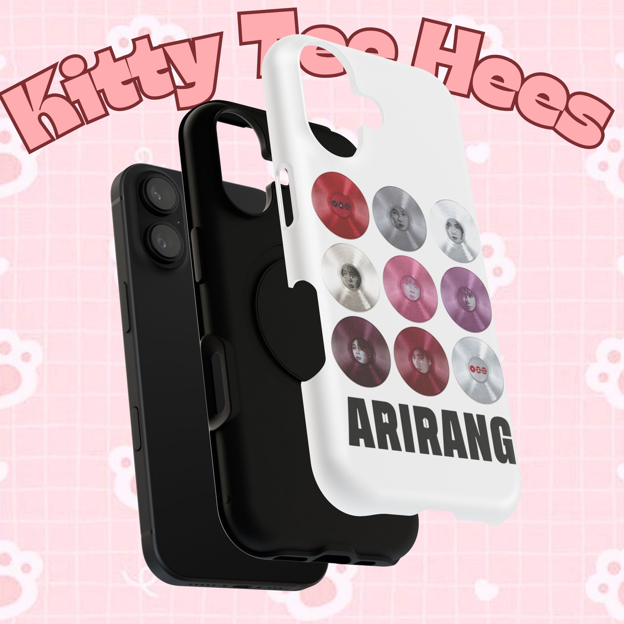 Printify BTS Arirang vinyl record grid phone case featuring impact-resistant design and fan merch artwork for BTS fans.
