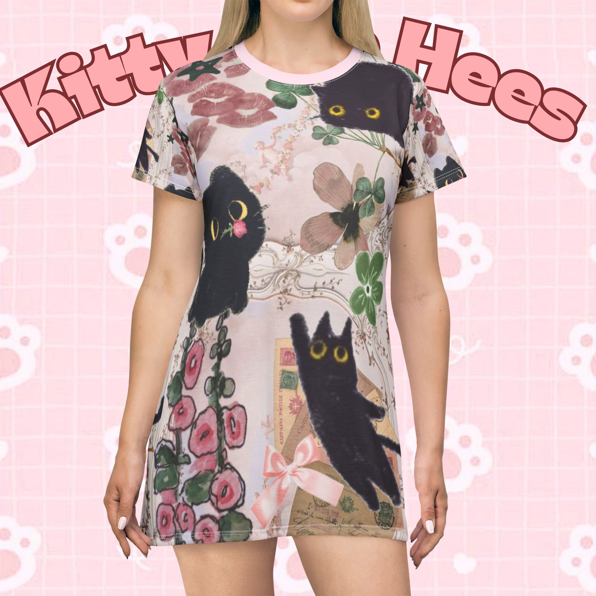 Rococo cat T-shirt dress with kawaii all-over print, featuring cute cat illustrations, casual cottagecore style for cat lovers.