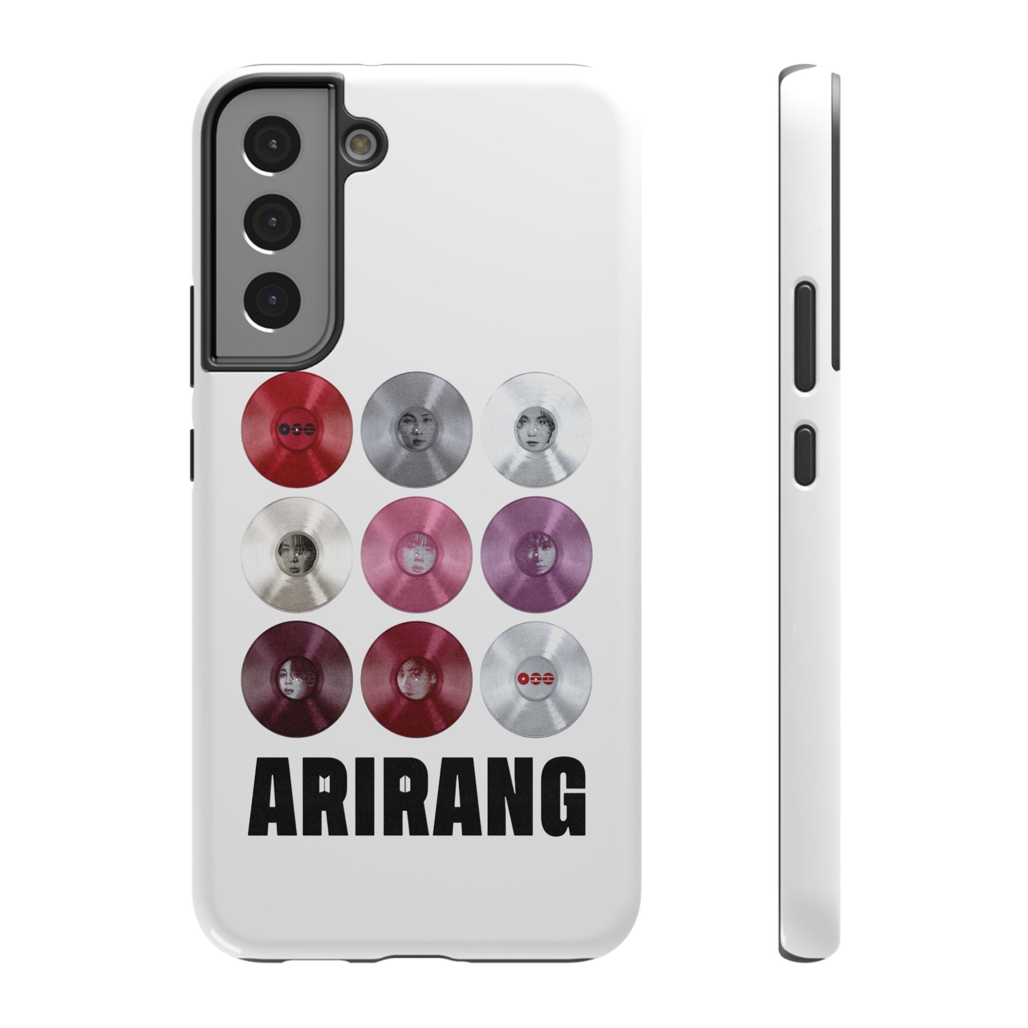 Printify BTS Arirang vinyl record grid phone case featuring Impact-Resistant design with BTS fan merch artwork.