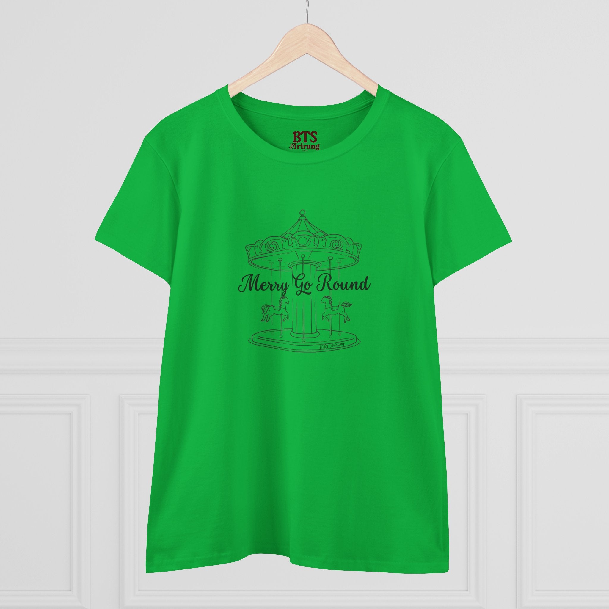Printify BTS Arirang 2026 album Merry Go Round carousel sketch T-shirt with lyric script back print, casual and stylish design.