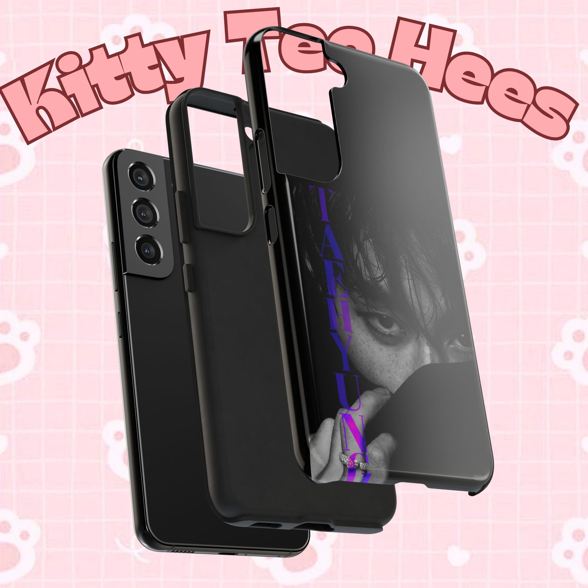Dark Bangtan BTS Taehyung (V) phone case with Kim Taehyung portrait for iPhone and Samsung, featuring a tough design by Printify.