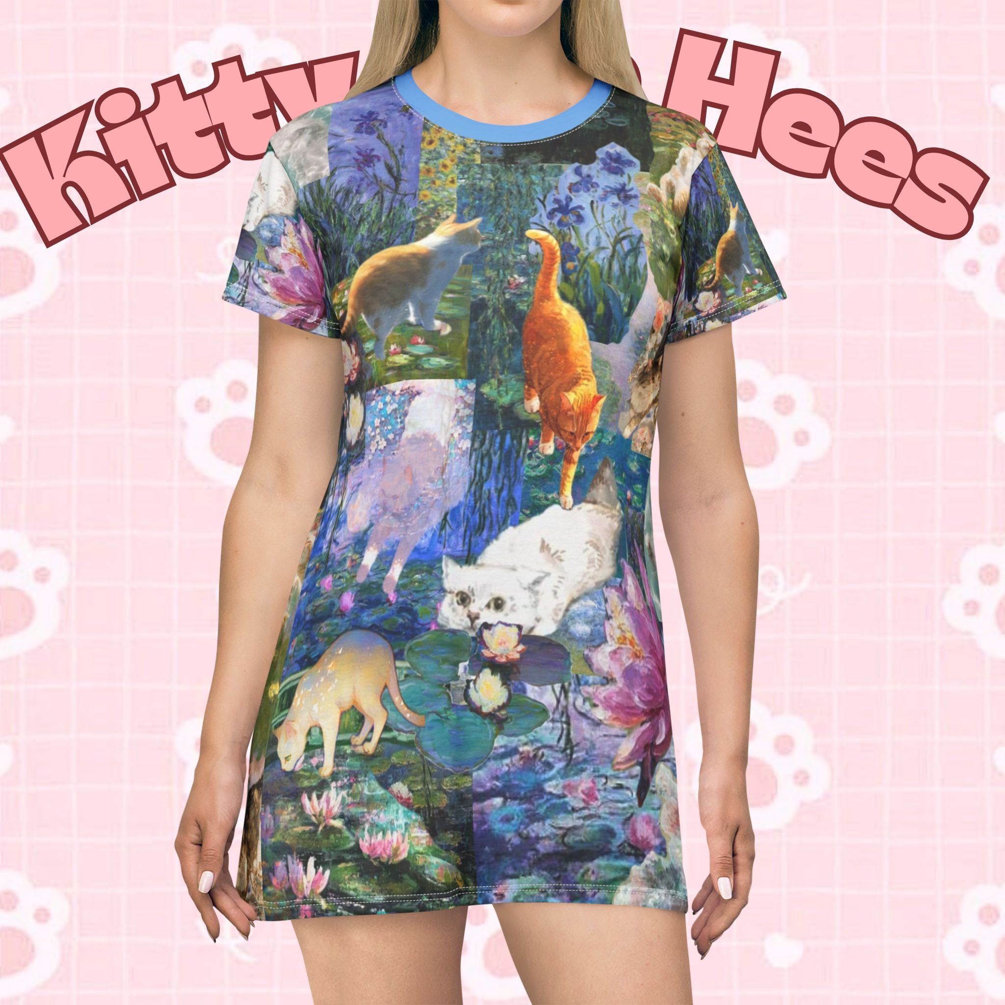 All-over print Van Gogh Cat River Kawaii T-shirt dress featuring painter art design, comfortable everyday fashion by Printify