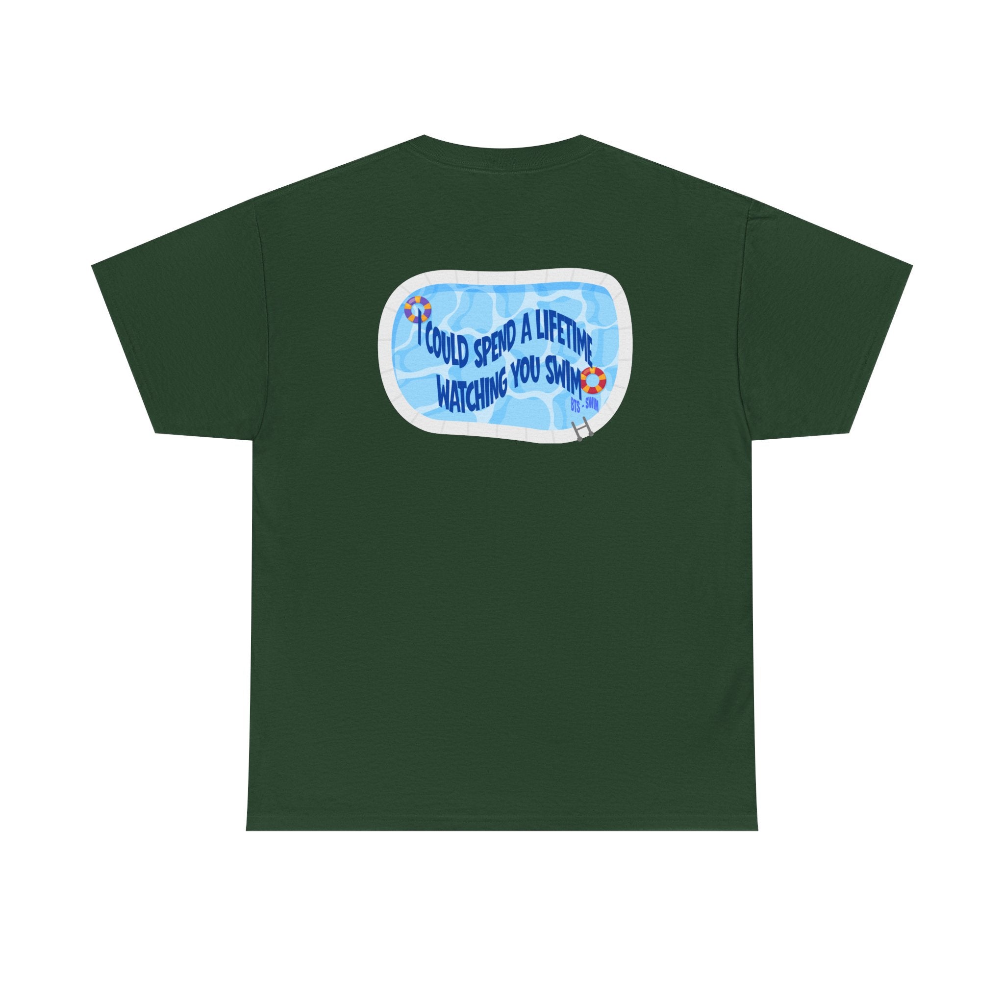 Printify BTS swim graphic T-shirt featuring a pool scene and "I could spend a lifetime watching you swim" design on the back.