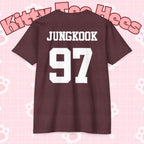 Custom BTS T-shirt featuring Jungkook, Jimin, V, J-Hope, RM, Suga, Jin, K-pop concert design, printed by Printify.