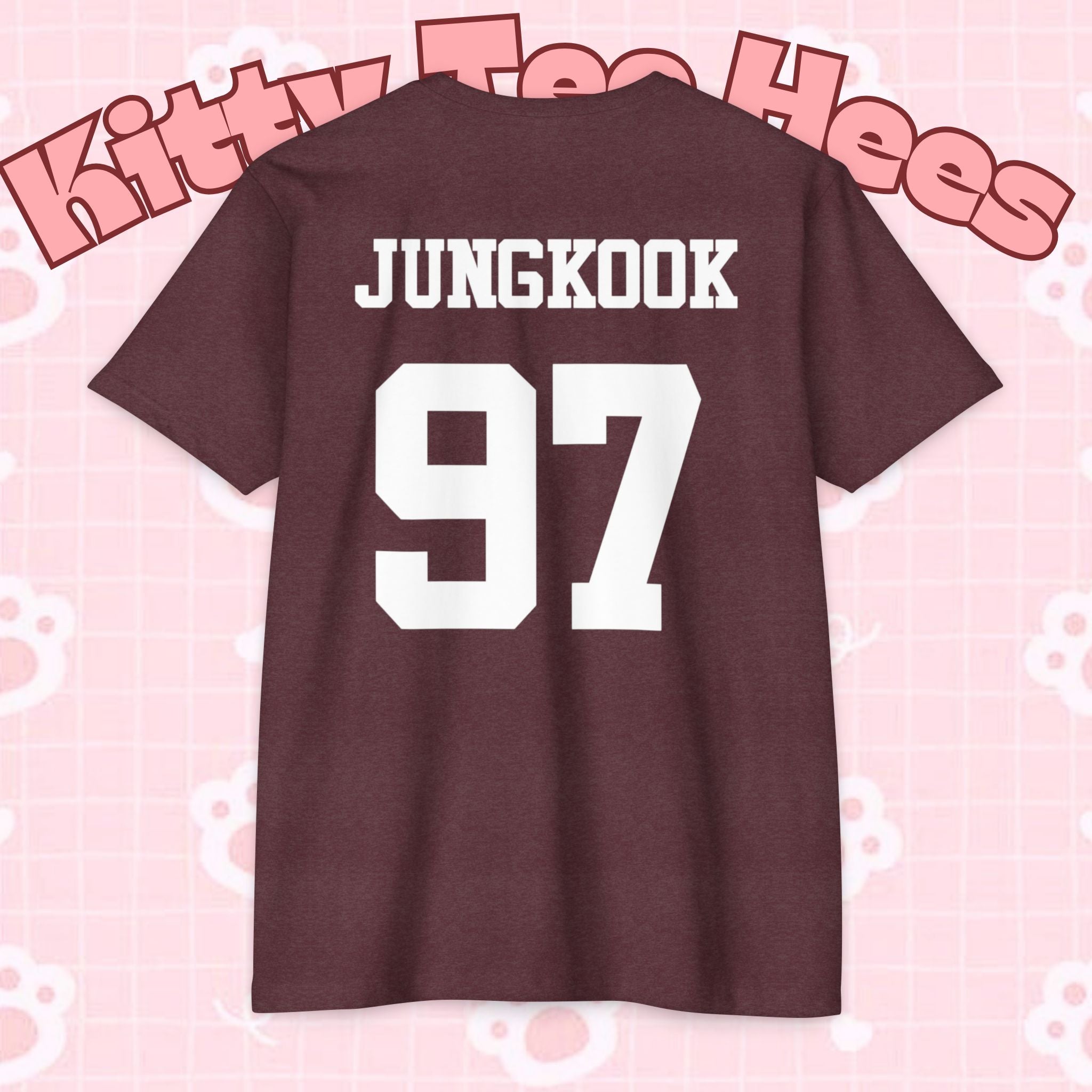Custom BTS T-shirt featuring Jungkook, Jimin, V, J-Hope, RM, Suga, Jin, K-pop concert design, printed by Printify.