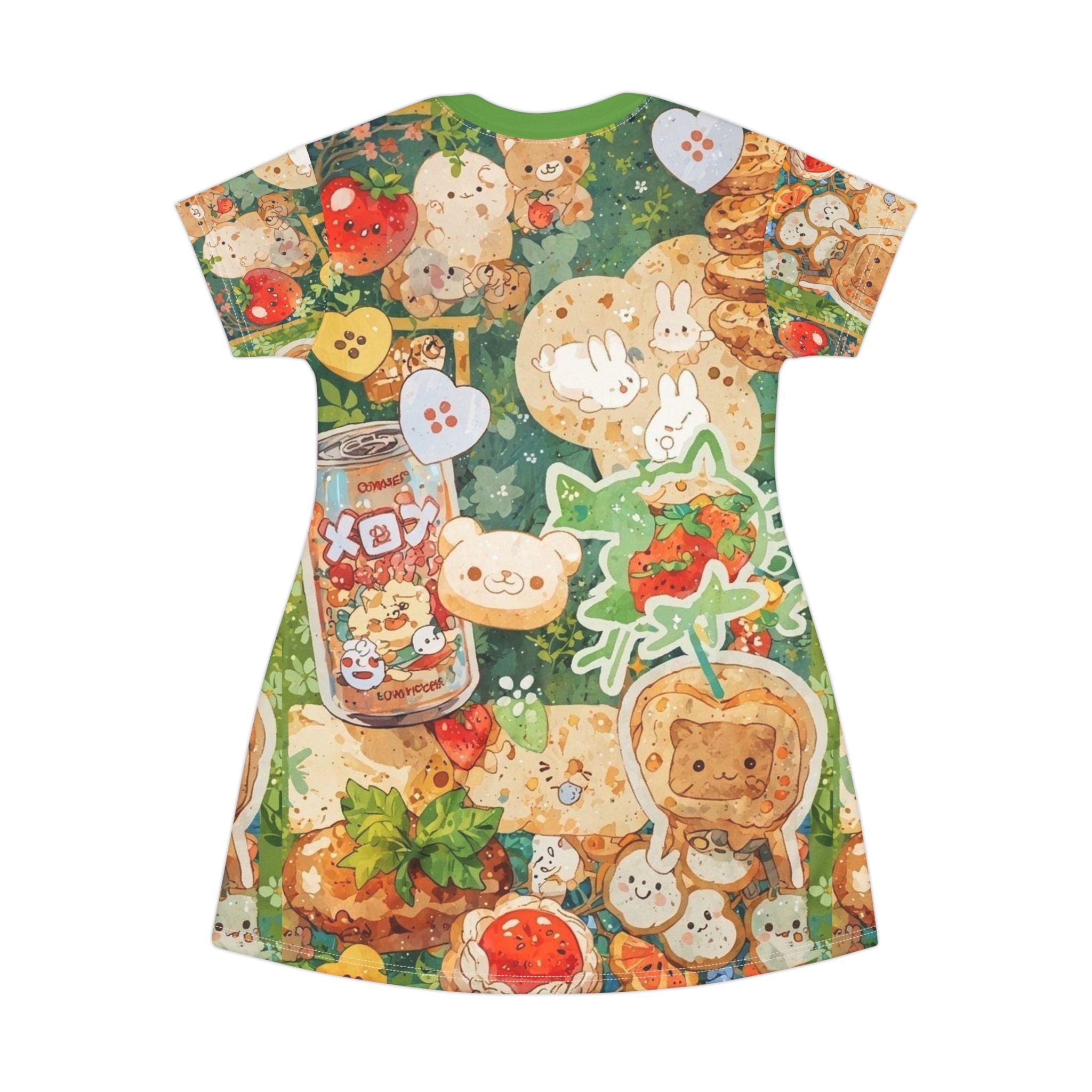 All-over print cat toast T-shirt dress featuring cute croissant and cat design, perfect for cat lovers and kawaii fashion enthusiasts.