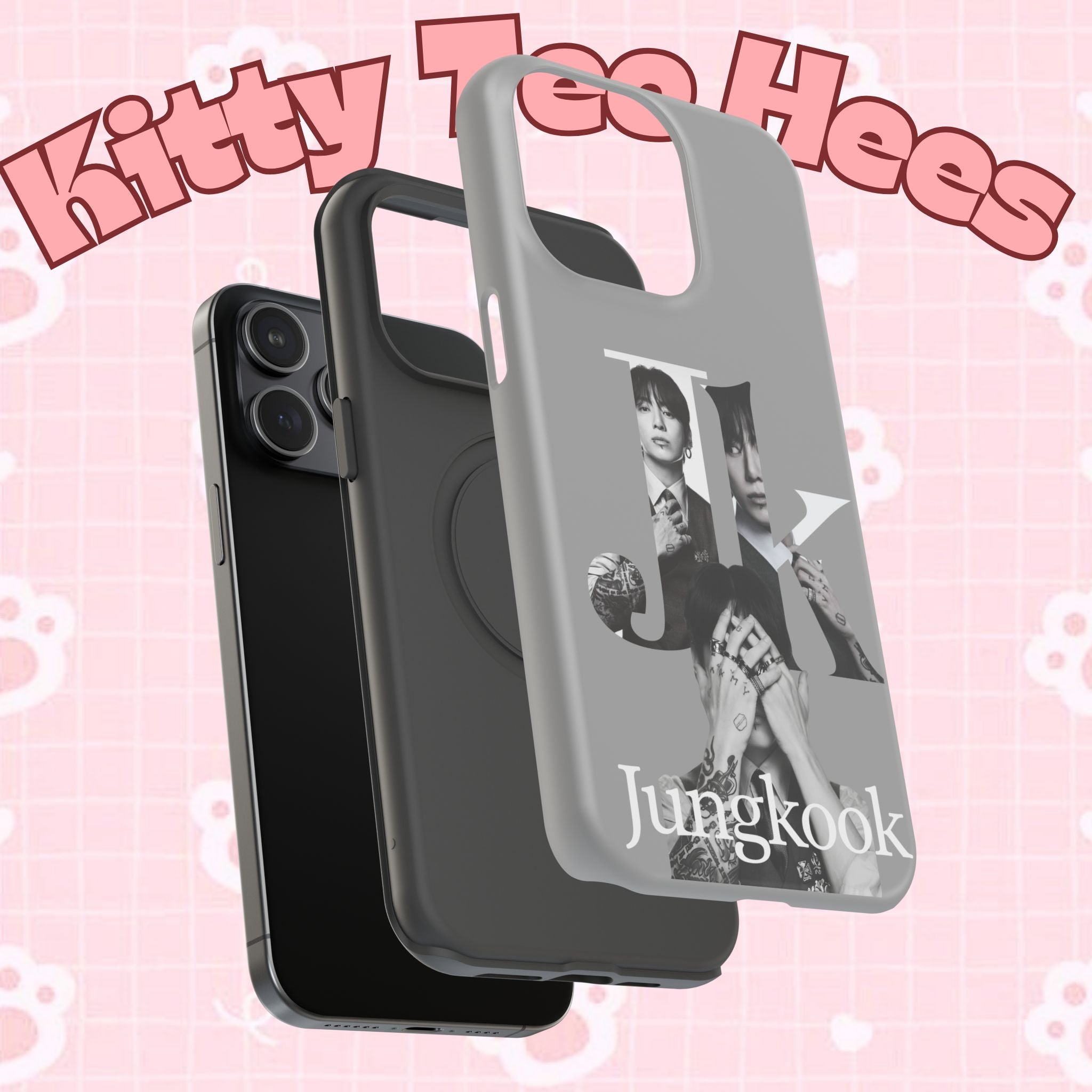 Impact-resistant phone case featuring monochrome letter design of Jungkook from BTS, by Printify.