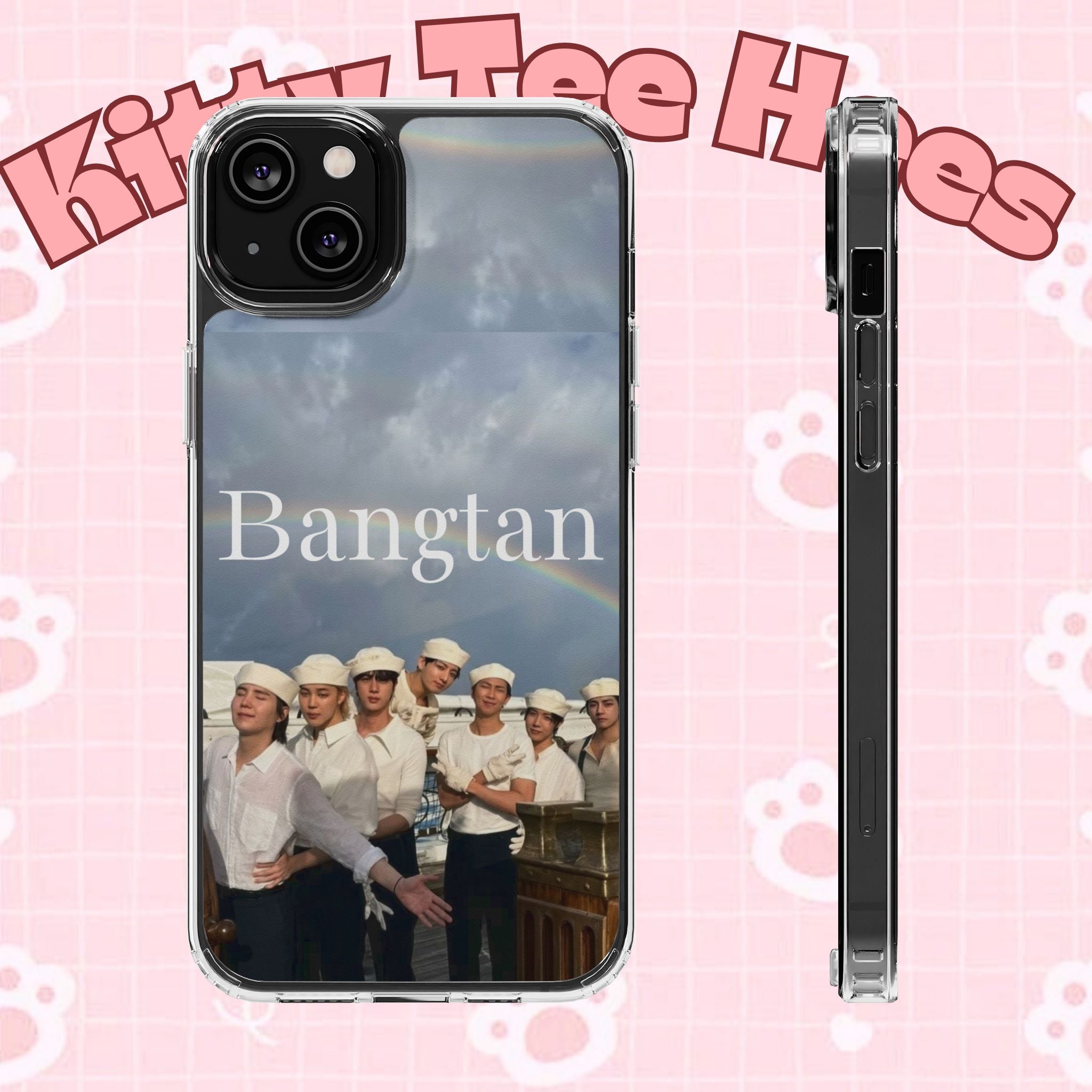 Clear impact-resistant Bangtan phone case featuring cute K-pop design, compatible with smartphones, by Printify.