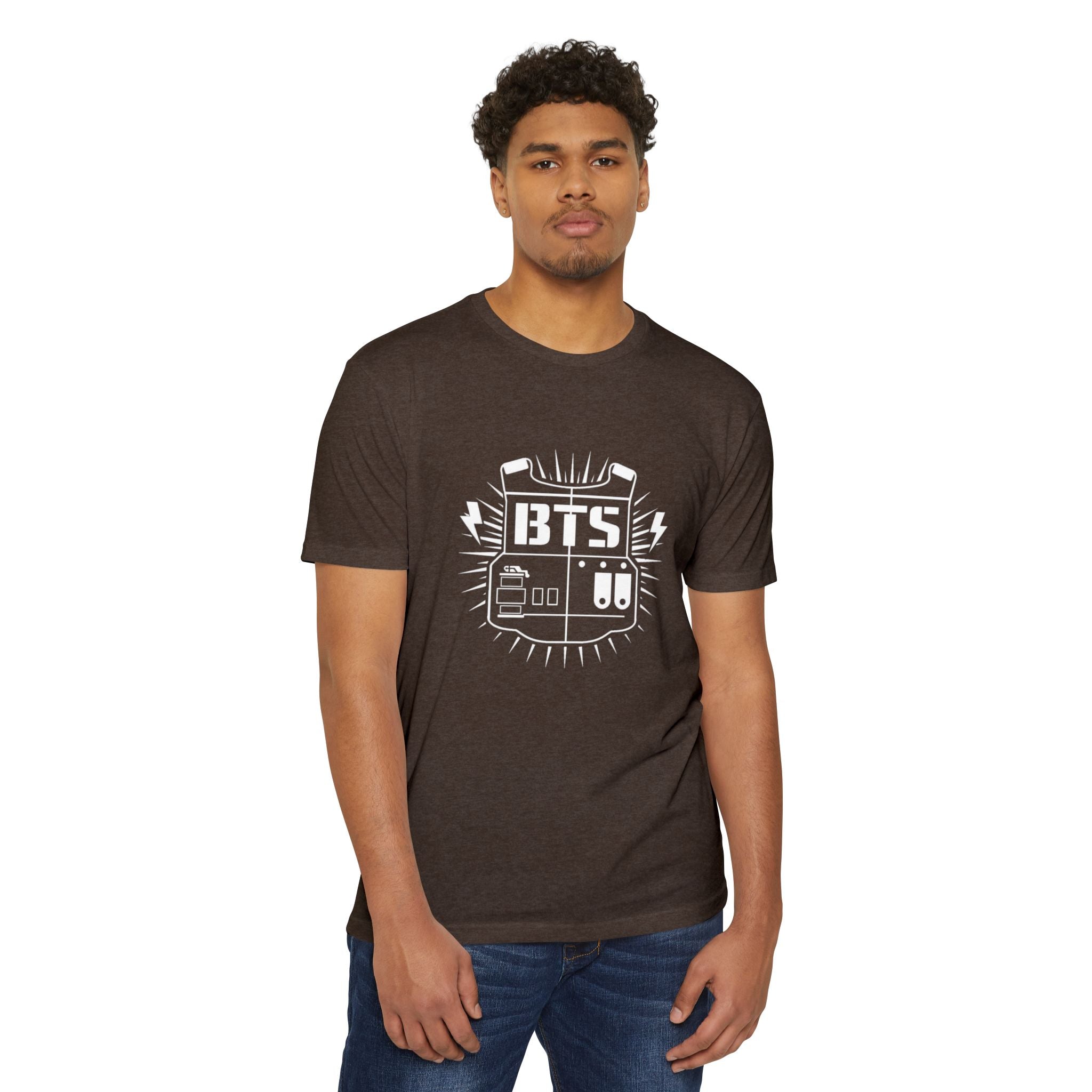 Custom BTS T-shirt featuring Jungkook, Jimin, Taehyung, J-Hope, RM, Suga, Jin, and Bangtan members, casual K-pop concert style.